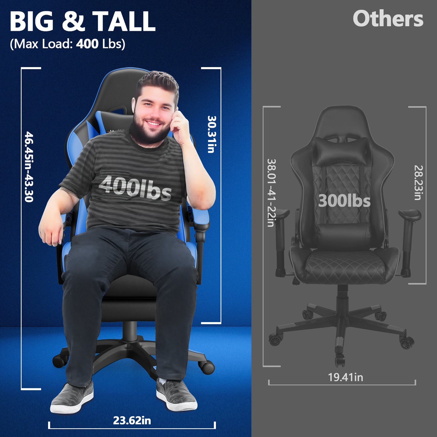 Mr IRONSTONE Gaming Chair with Speakers & LED Lights, Ergonomic Massage Office Chair with Footrest, 4D Armrests - Blue