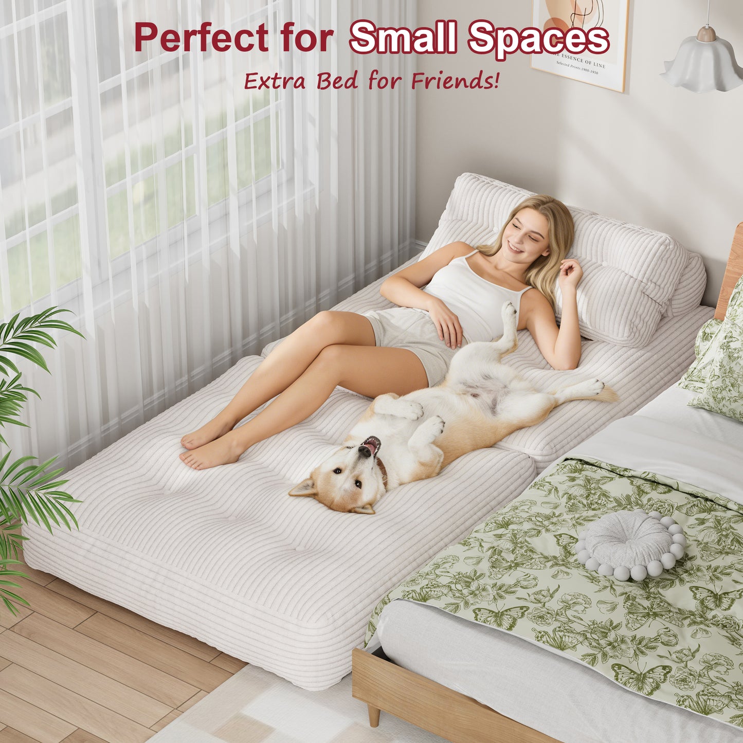 Mr IRONSTONE 3 in 1 Folding Sofa Bed, Convertible Sleeper Chair with Pillow, Corduroy Memory Foam Floor Sofa Lounge Chair for Living Room Dorm, White