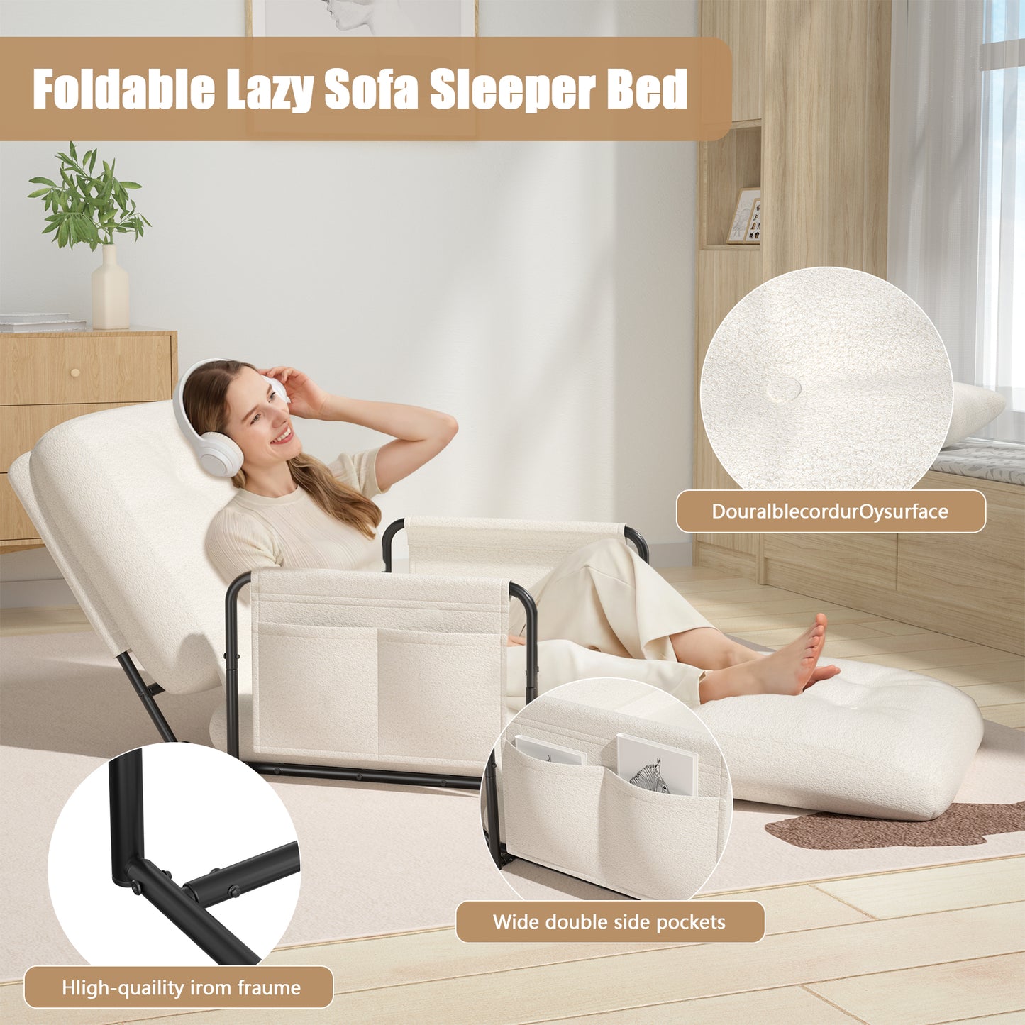 Mr IRONSTONE Convertible Chair Bed, Foldable Lazy Sofa Sleeper Chair with Metal Frame and Armrests, 5-Position Adjustable Lounge Chair with Side Pockets, White