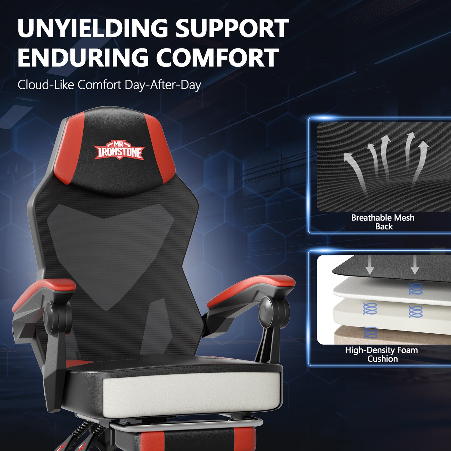 Mr IRONSTONE 400 lbs Heavy Duty Gaming Chair with Footrest, Extra Wide PC Computer Desk Chair with RGB Lights and Lumbar Support, Black and Red