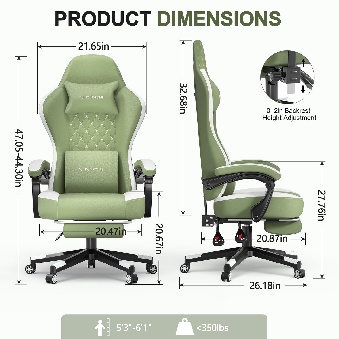 Mr IRONSTONE Fabric Gaming Chair with Massage, Breathable Ergonomic PC Desk Chair with Footrest and Quiet Casters, Green