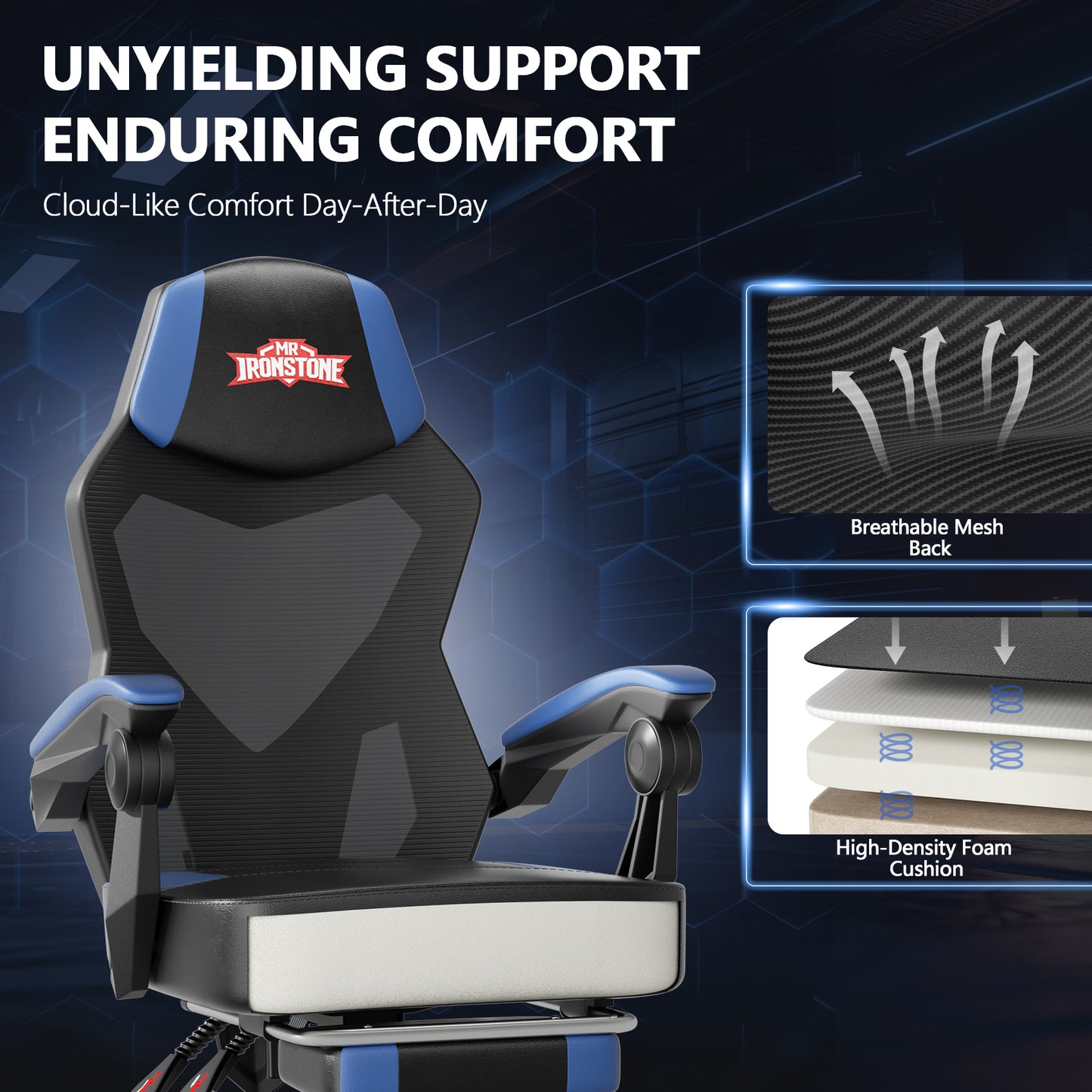Mr IRONSTONE RGB Gaming Chair with Linkage Armrests, Breathable Mesh Ergonomic Office Chair with Footrest, 135 Degree Recliner, Black and Blue
