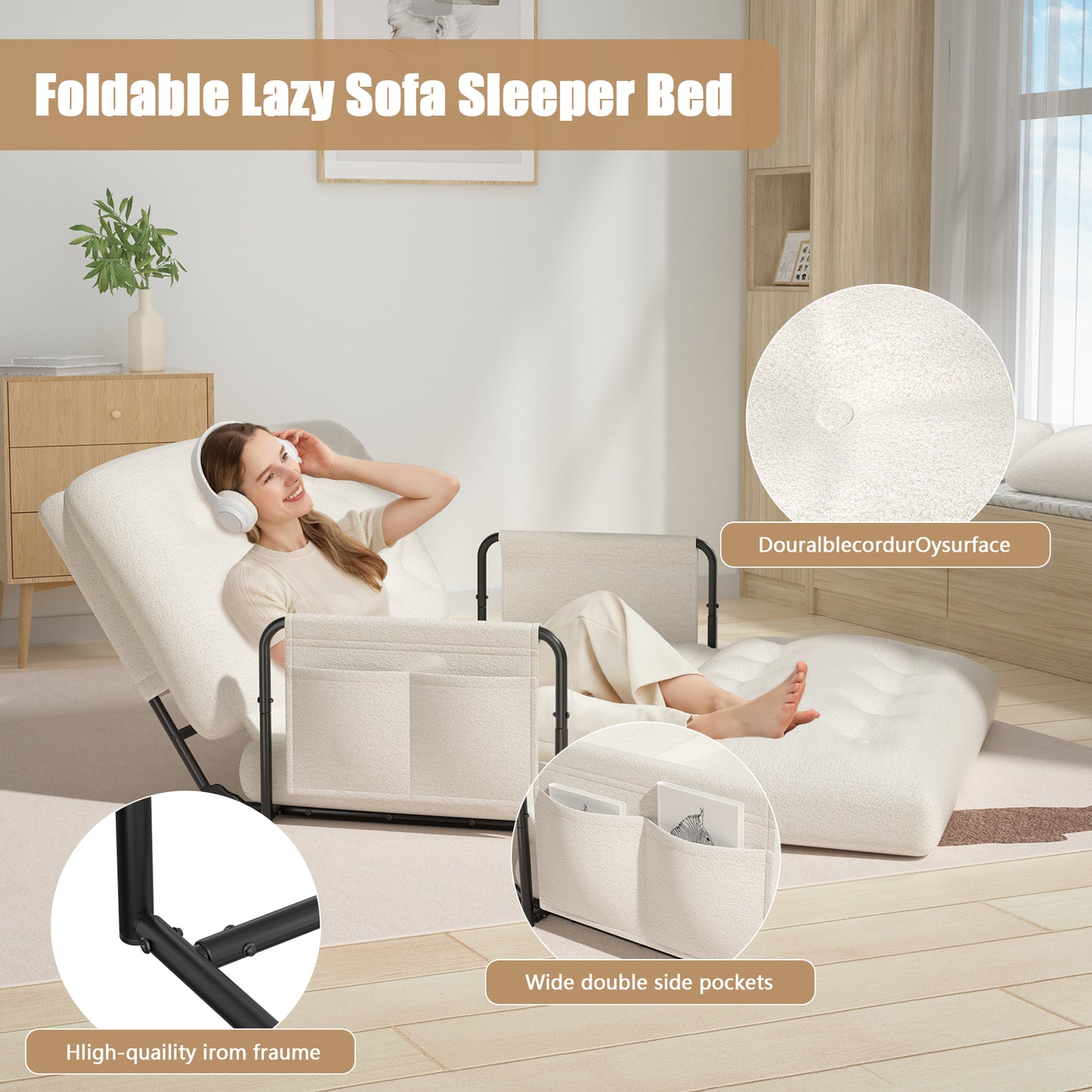 Mr IRONSTONE Loveseat Sleeper Sofa, 52" Extra Wide Convertible Chair Bed with Metal Frame, 2-Seater Foldable Futon Sofa Bed with 2 Pillows and Armrests, White