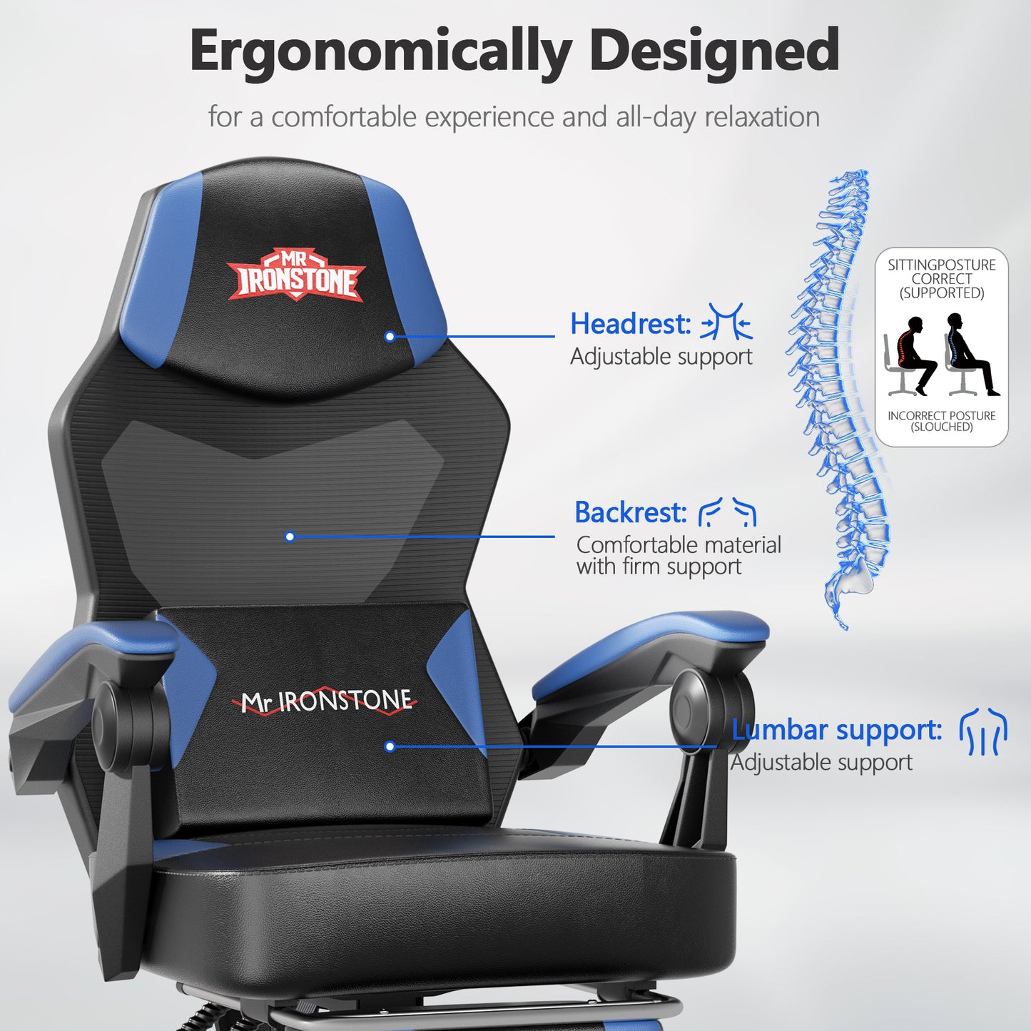 Mr IRONSTONE RGB Gaming Chair with Linkage Armrests, Breathable Mesh Ergonomic Office Chair with Footrest, 135 Degree Recliner, Black and Blue