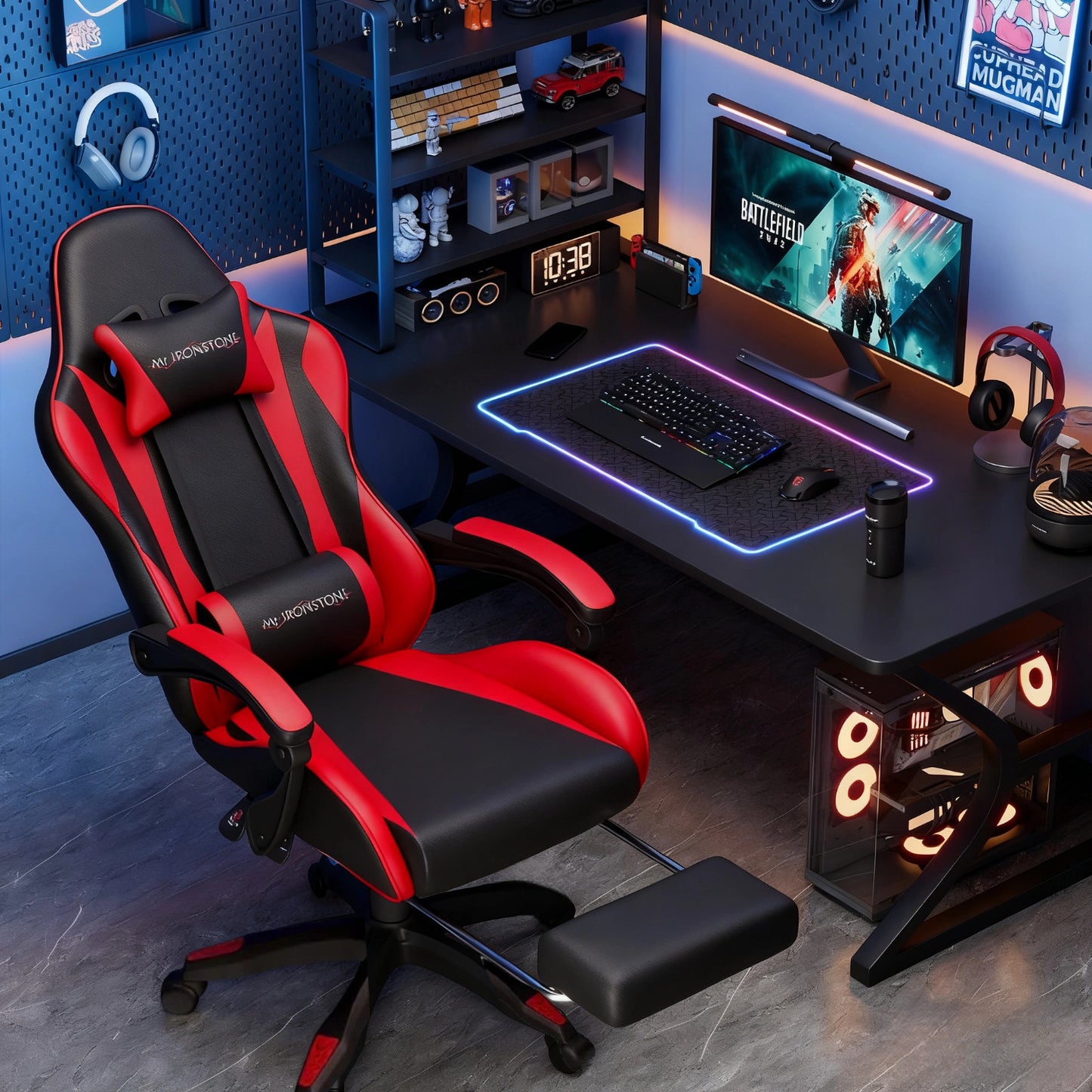 Mr IRONSTONE Gaming Chair with Speakers & LED Lights, Ergonomic Massage Office Chair with Footrest, 4D Armrests - Red