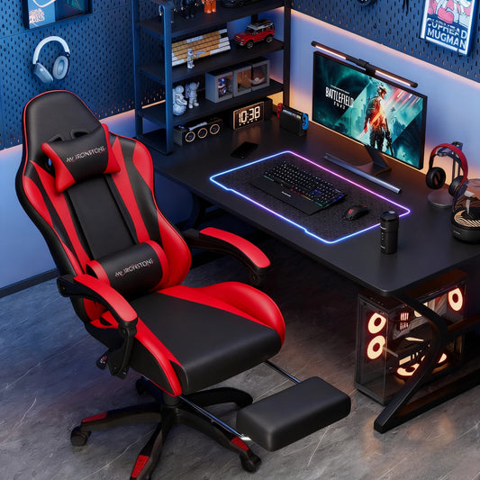 Mr IRONSTONE Gaming Chair with Speakers & LED Lights, Ergonomic Massage Office Chair with Footrest, 4D Armrests - Red