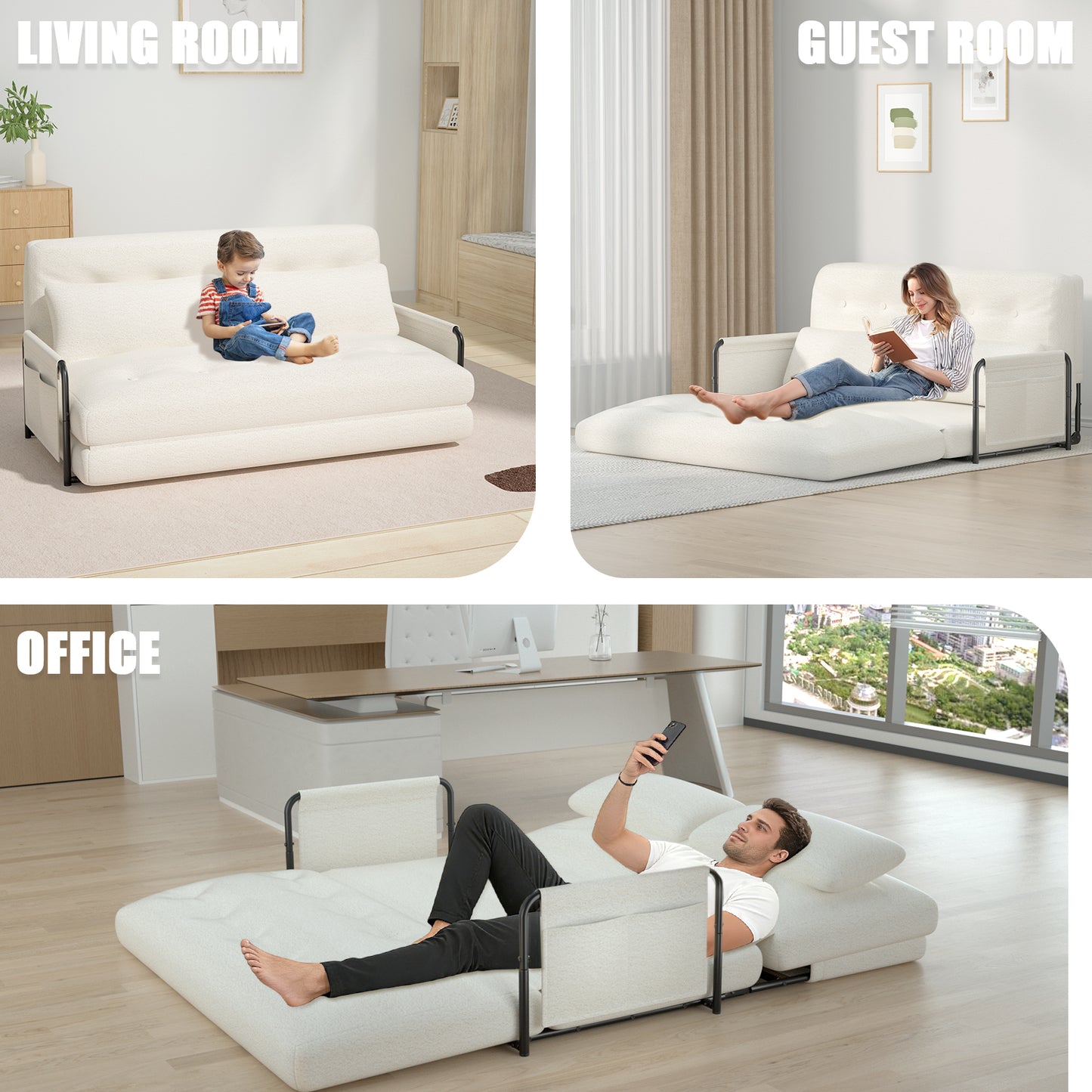 Mr IRONSTONE Loveseat Sleeper Sofa, 52" Extra Wide Convertible Chair Bed with Metal Frame, 2-Seater Foldable Futon Sofa Bed with 2 Pillows and Armrests, White