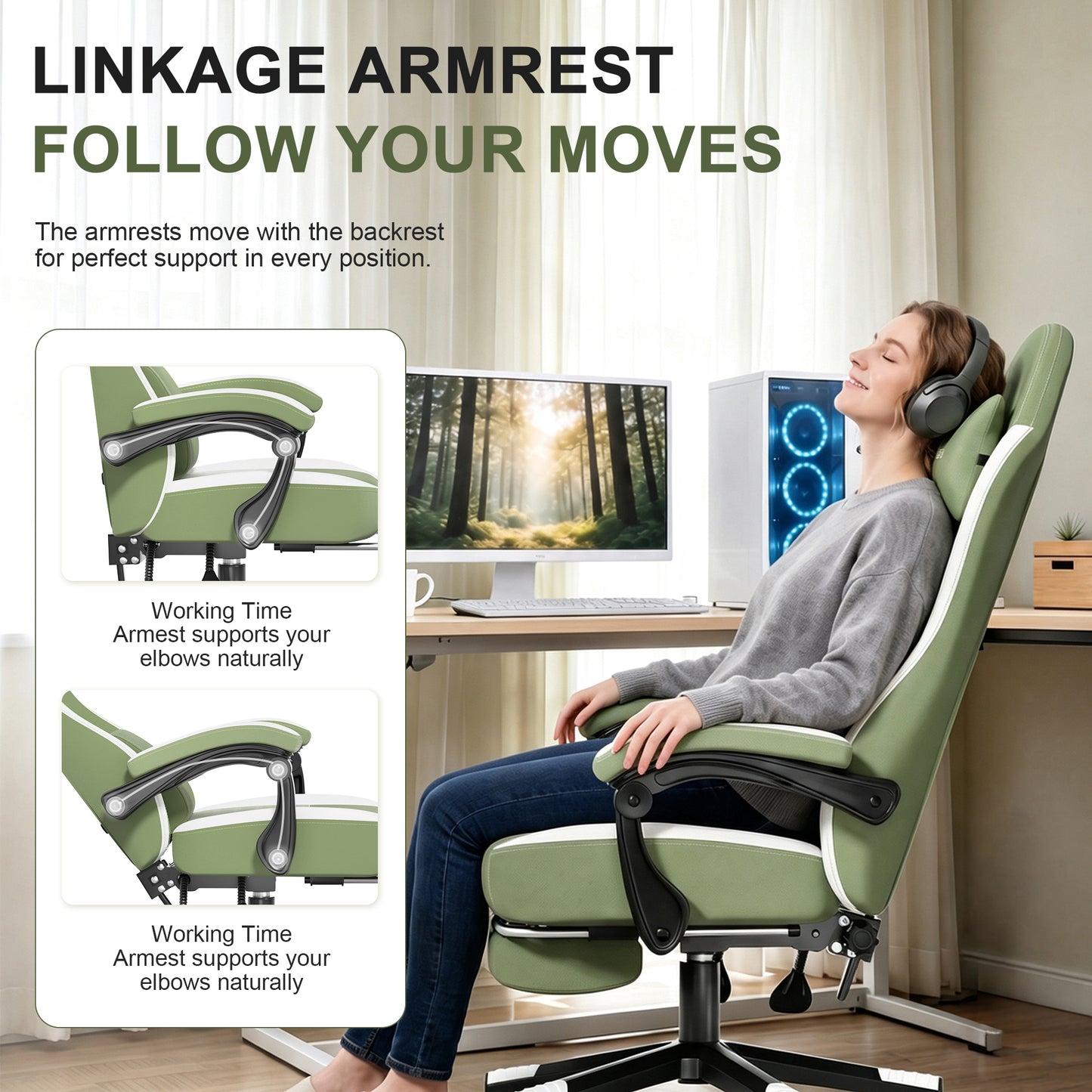Mr IRONSTONE Fabric Gaming Chair with Massage, Breathable Ergonomic PC Desk Chair with Footrest and Quiet Casters, Green