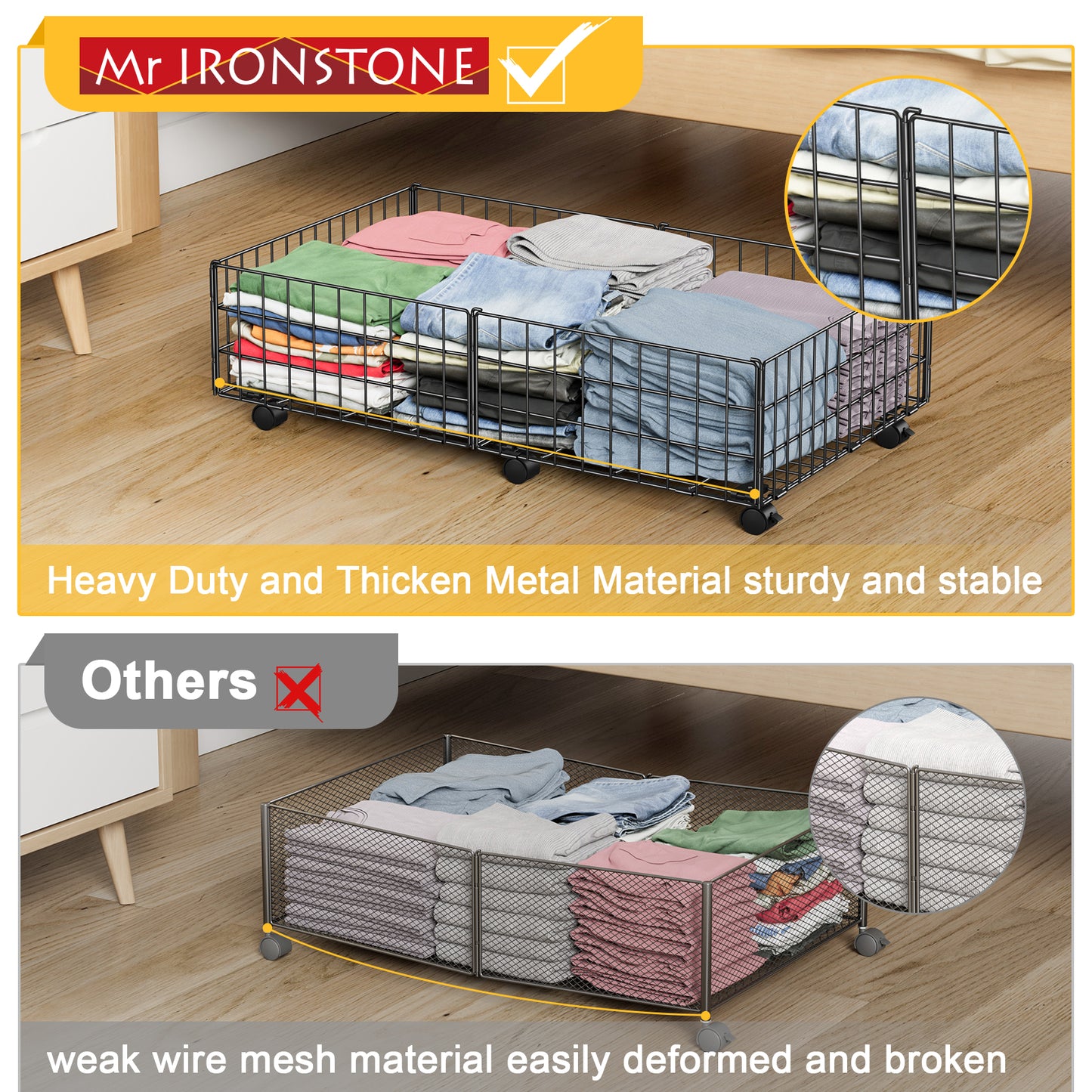 Mr IRONSTONE Under Bed Storage Containers with Wheels - Black 2Pcs Metal Organizer Drawer for Under the Bed Storage