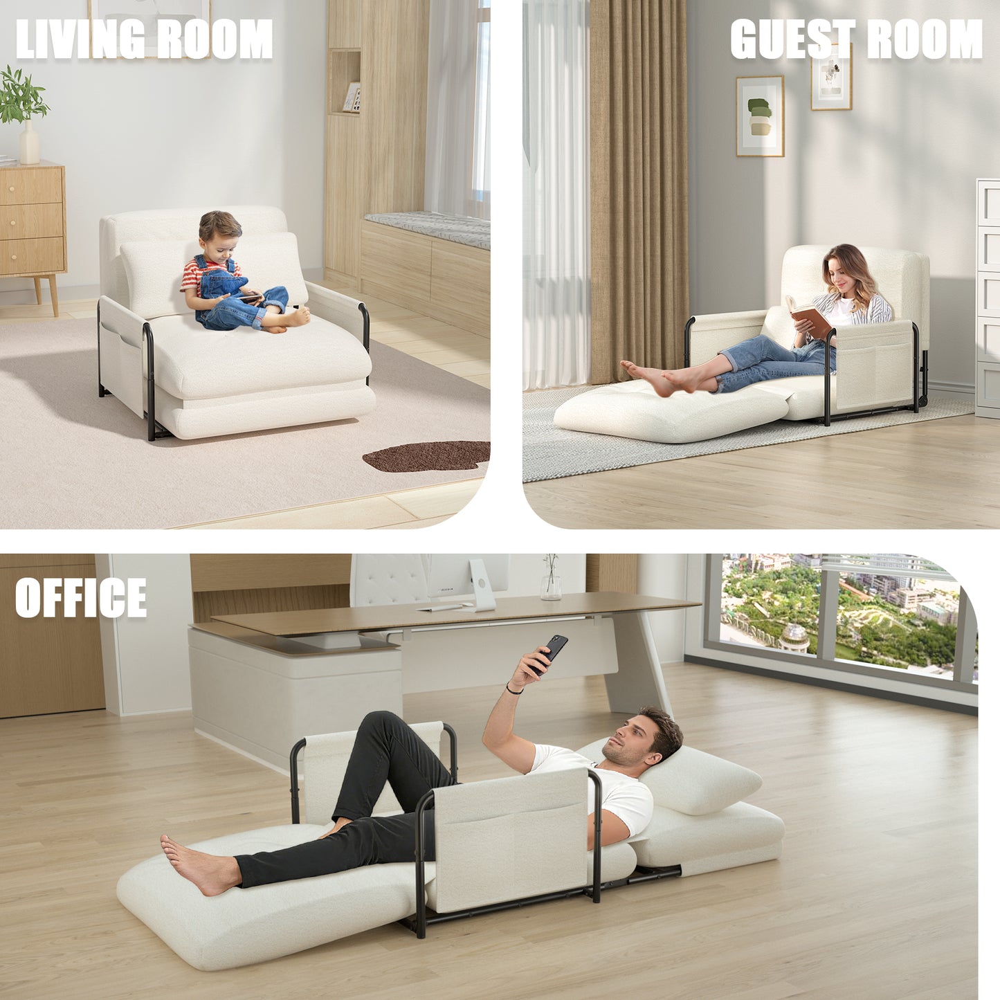 Mr IRONSTONE Convertible Chair Bed, Foldable Lazy Sofa Sleeper Chair with Metal Frame and Armrests, 5-Position Adjustable Lounge Chair with Side Pockets, White