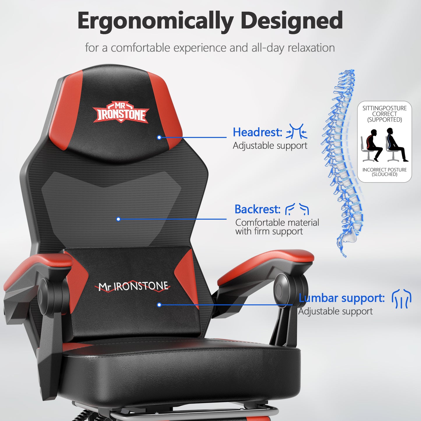 Mr IRONSTONE 400 lbs Heavy Duty Gaming Chair with Footrest, Extra Wide PC Computer Desk Chair with RGB Lights and Lumbar Support, Black and Red
