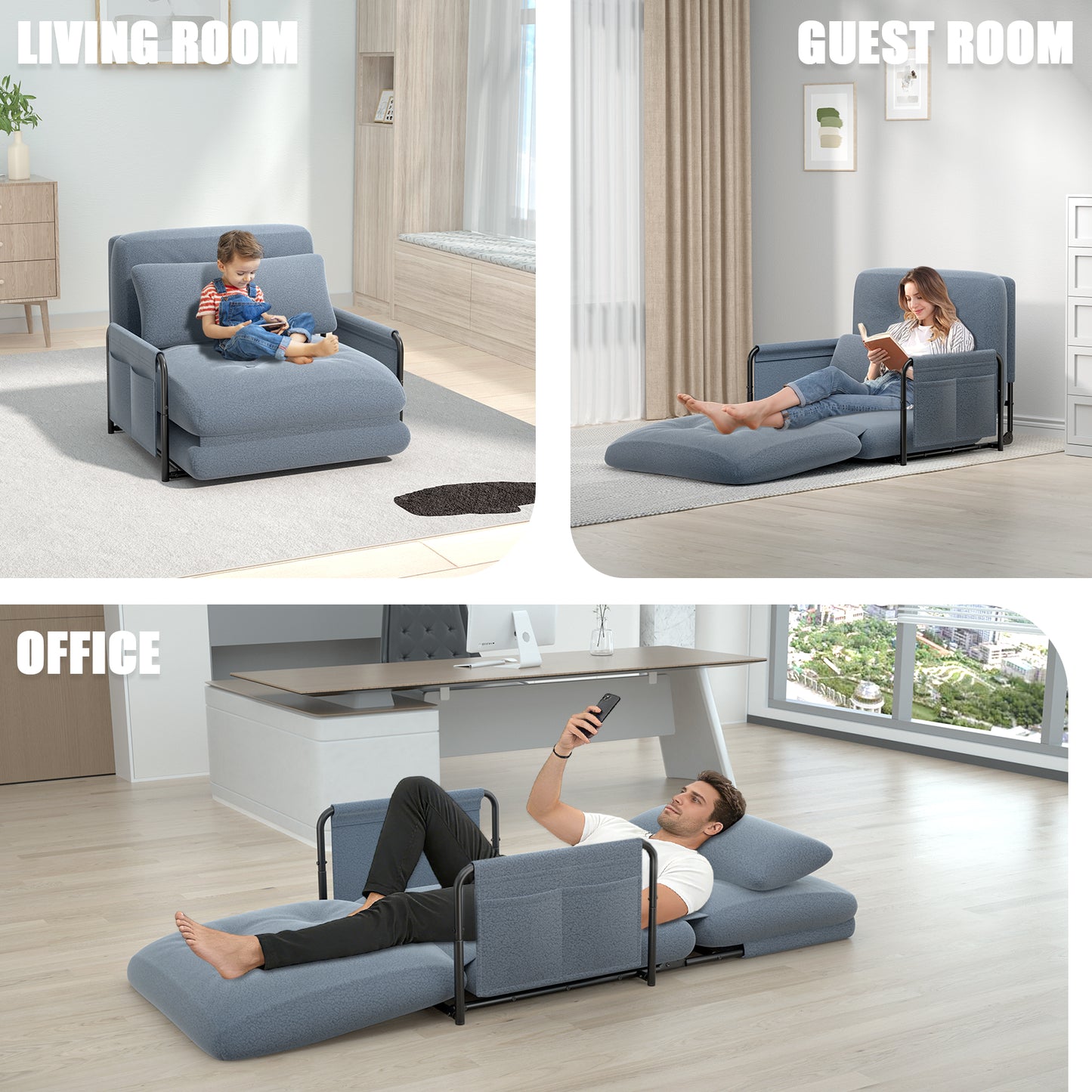 Mr IRONSTONE Convertible Chair Bed, Foldable Lazy Sofa Sleeper Chair with Metal Frame and Armrests, 5-Position Adjustable Lounge Chair with Side Pockets, Grey