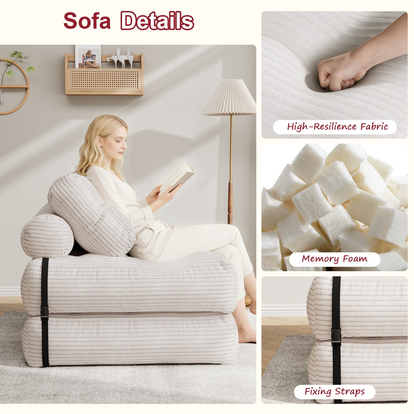 Mr IRONSTONE 3 in 1 Folding Sofa Bed, Convertible Sleeper Chair with Pillow, Corduroy Memory Foam Floor Sofa Lounge Chair for Living Room Dorm, White