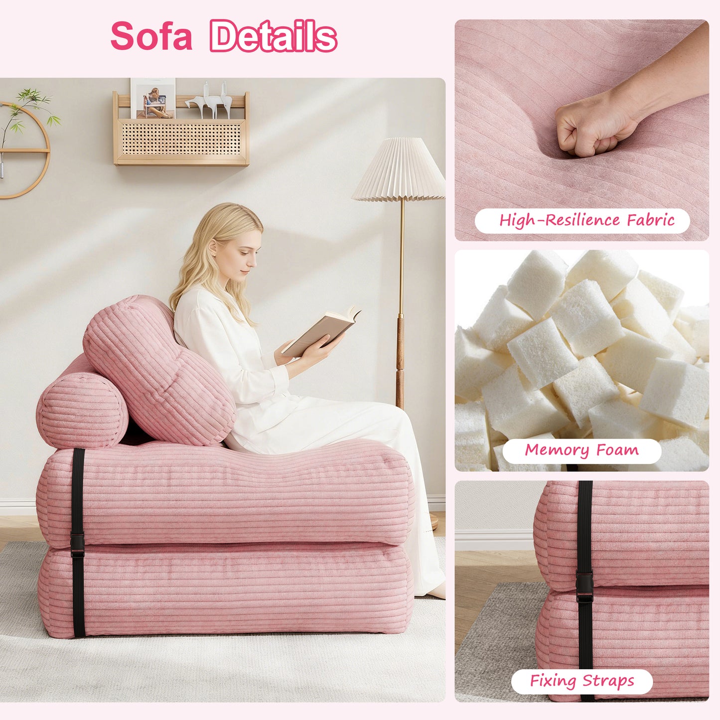 Mr IRONSTONE 3 in 1 Folding Sofa Bed, Convertible Sleeper Chair with Pillow, Corduroy Memory Foam Floor Sofa Lounge Chair for Living Room Dorm, Pink