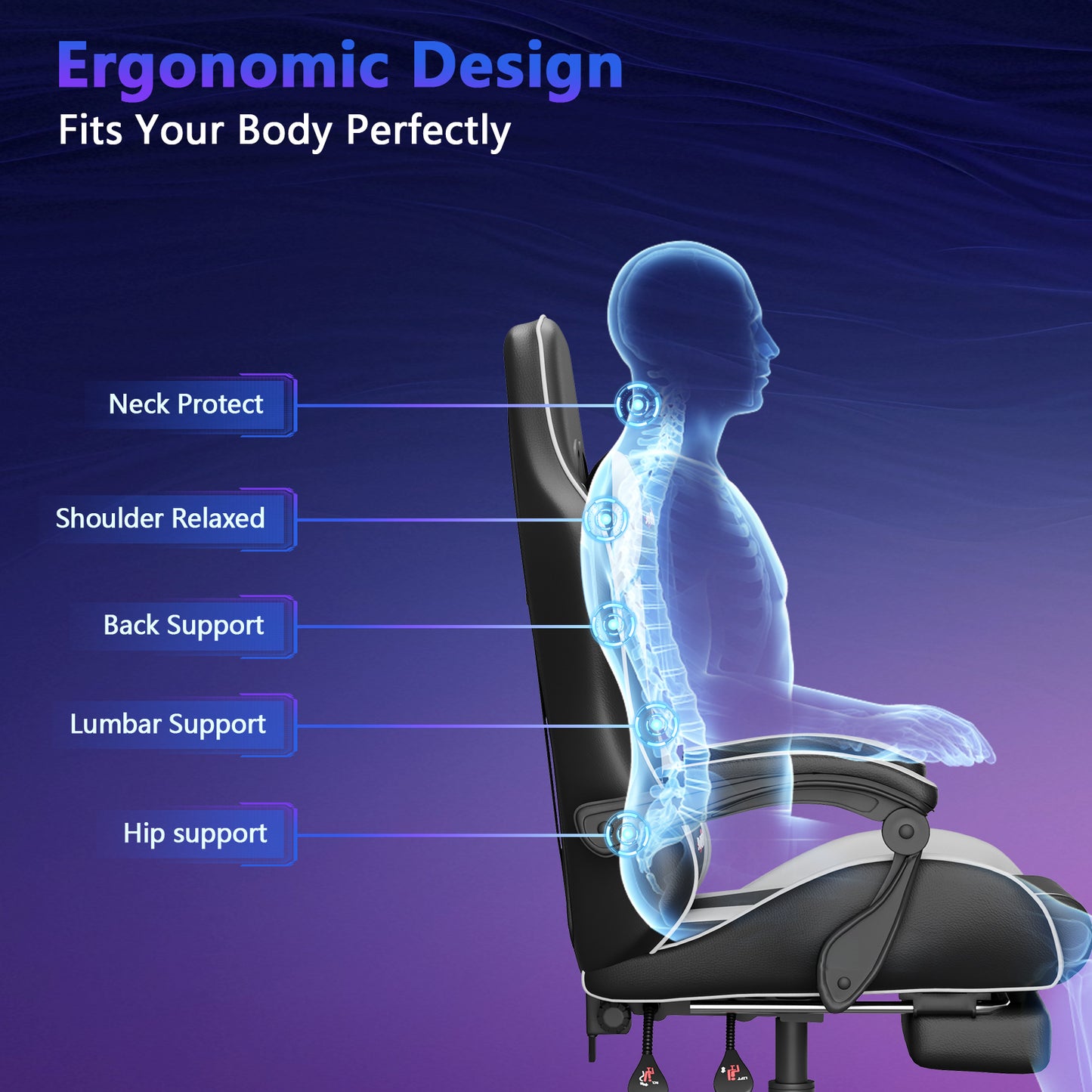 Mr IRONSTONE Gaming Chair with Speakers & LED Lights, Ergonomic Massage Office Chair with Footrest, 4D Armrests - Black