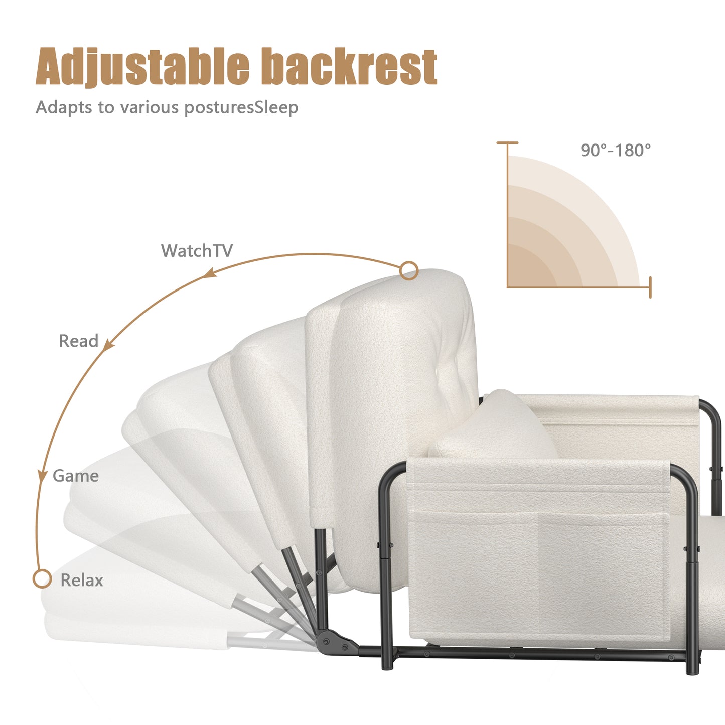 Mr IRONSTONE Convertible Chair Bed, Foldable Lazy Sofa Sleeper Chair with Metal Frame and Armrests, 5-Position Adjustable Lounge Chair with Side Pockets, White
