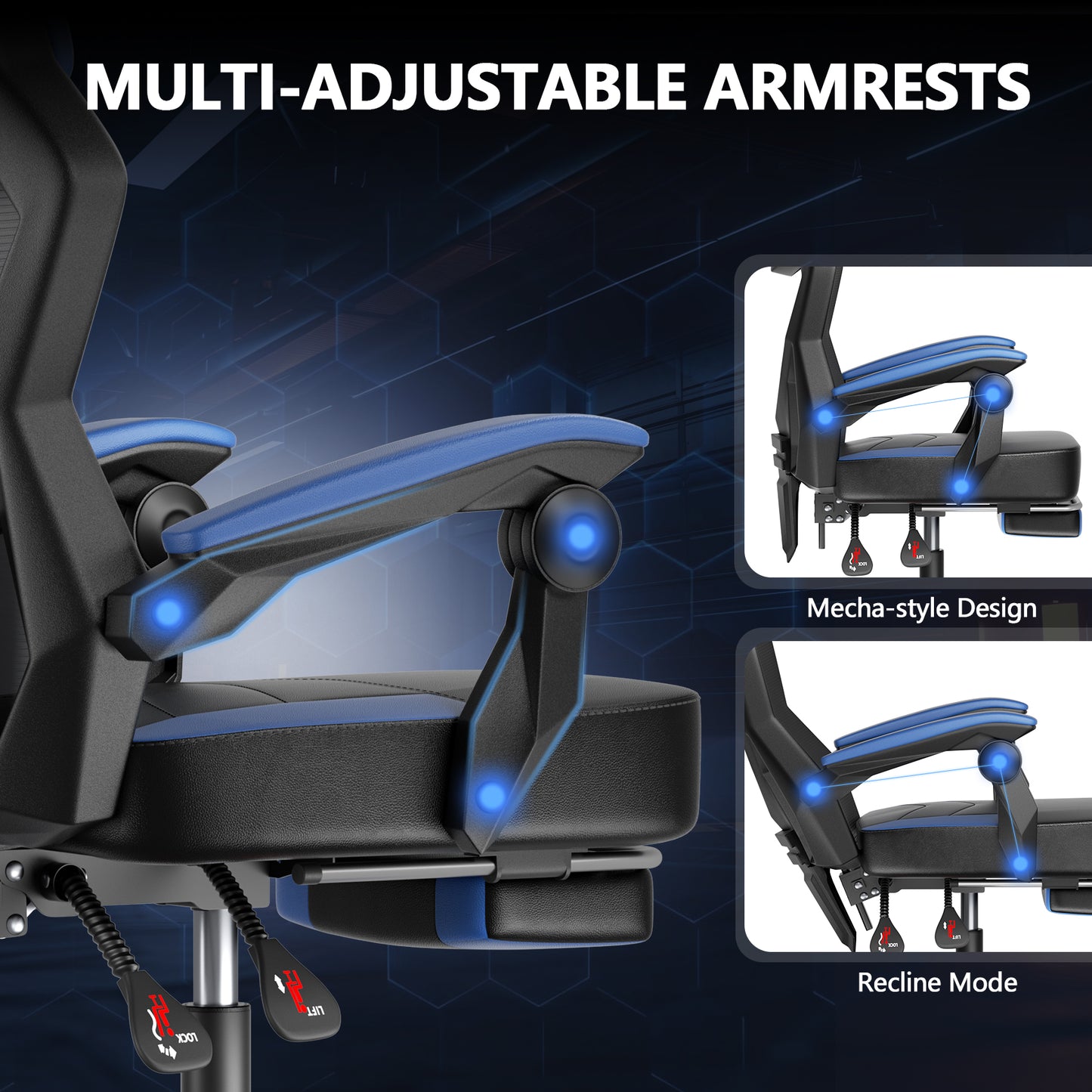 Mr IRONSTONE RGB Gaming Chair with Linkage Armrests, Breathable Mesh Ergonomic Office Chair with Footrest, 135 Degree Recliner, Black and Blue