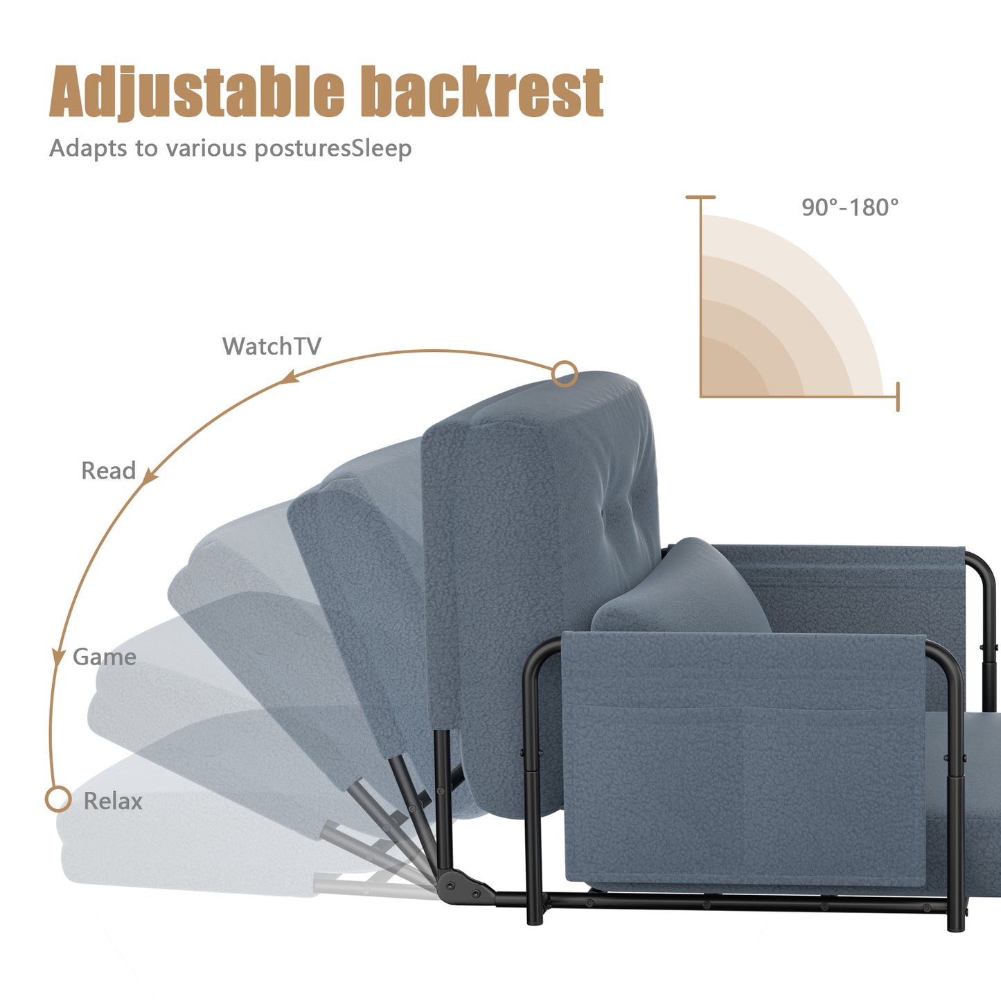 Mr IRONSTONE Convertible Chair Bed, Foldable Lazy Sofa Sleeper Chair with Metal Frame and Armrests, 5-Position Adjustable Lounge Chair with Side Pockets, Grey