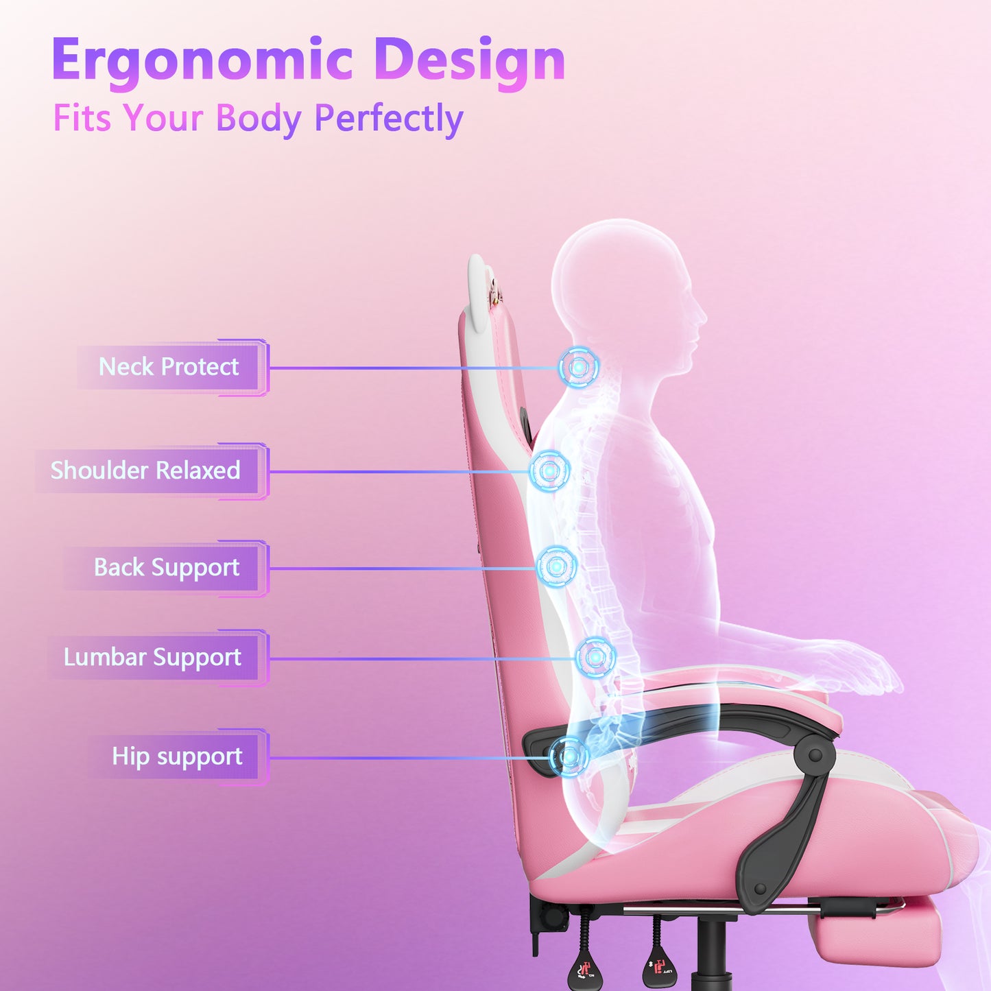 Mr IRONSTONE Gaming Chair with Speakers & LED Lights, Ergonomic Massage Office Chair with Footrest, 4D Armrests - Pink