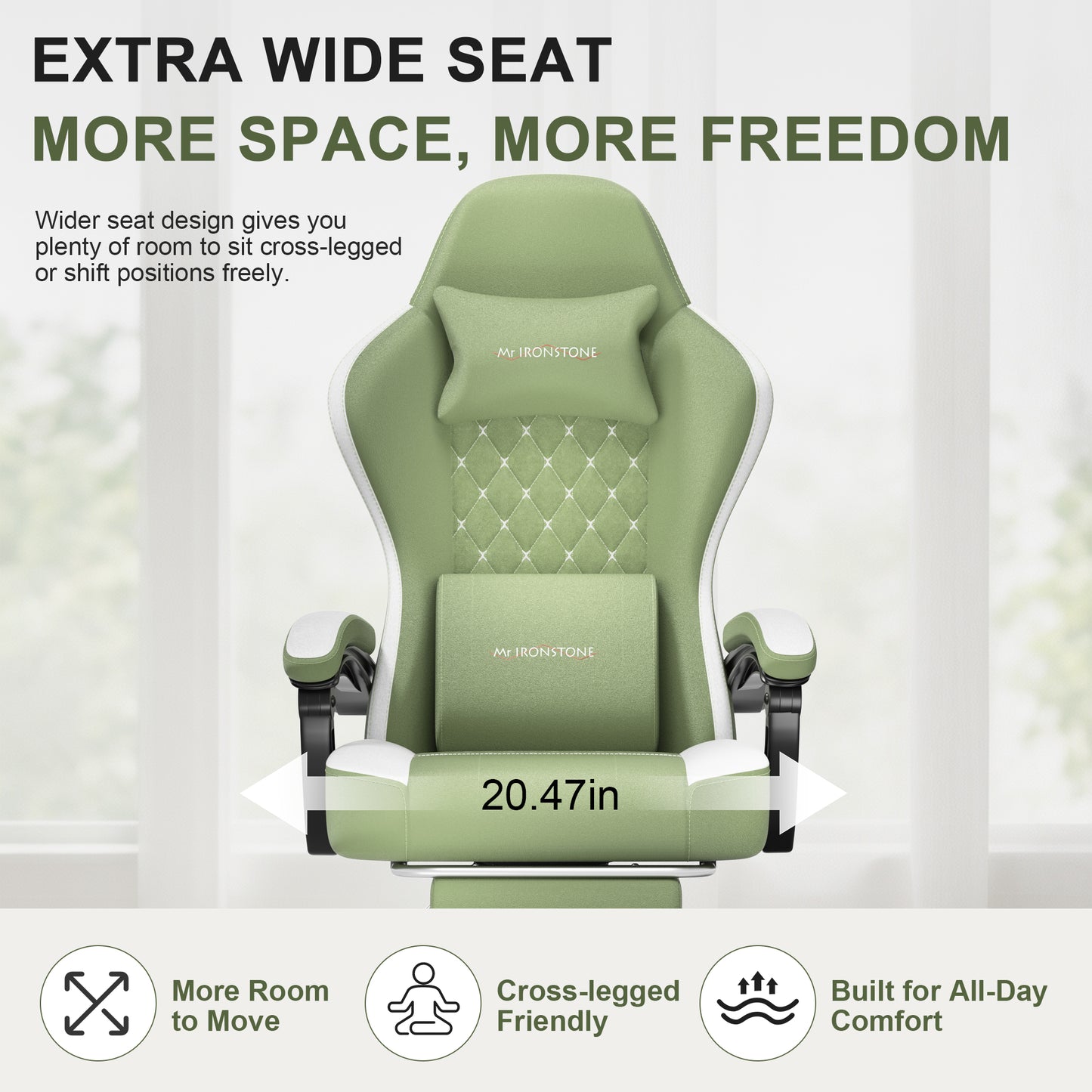 Mr IRONSTONE Fabric Gaming Chair with Massage, Breathable Ergonomic PC Desk Chair with Footrest and Quiet Casters, Green