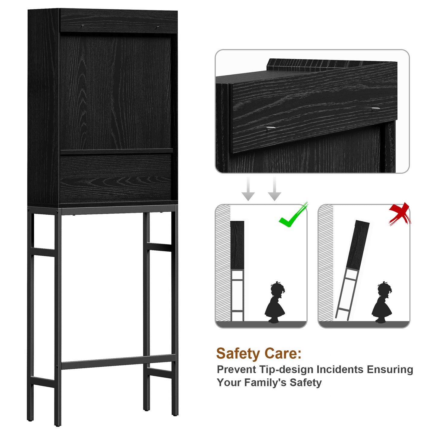Mr IRONSTONE Over The Toilet Storage Cabinet, Bathroom Space Saver w/Adjustable Shelf & Rack, Black