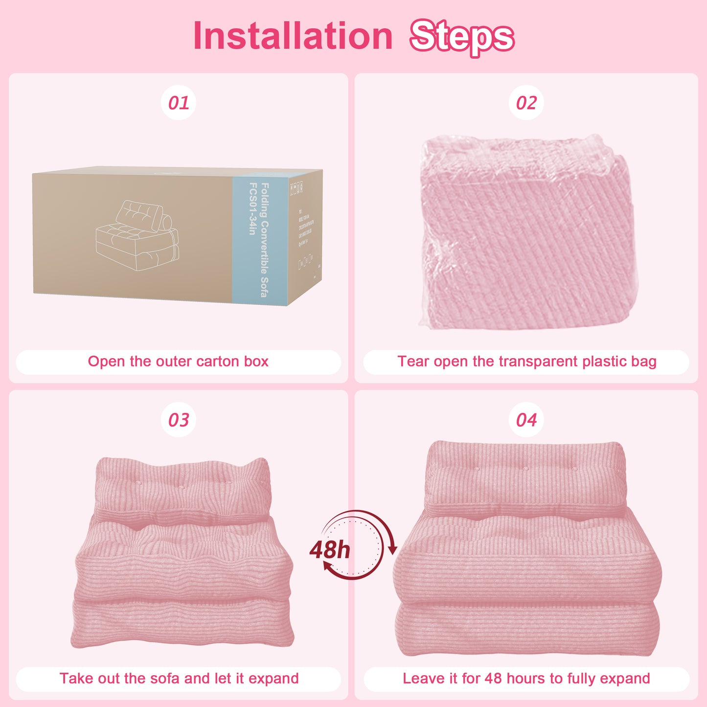 Mr IRONSTONE 3 in 1 Folding Sofa Bed, Convertible Sleeper Chair with Pillow, Corduroy Memory Foam Floor Sofa Lounge Chair for Living Room Dorm, Pink