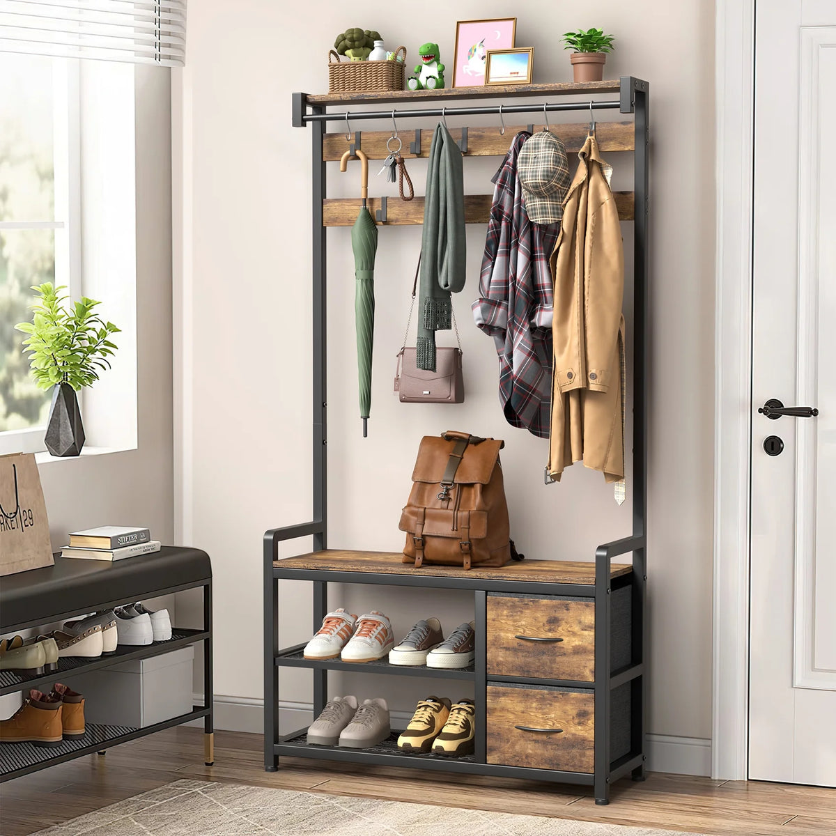 JOZ Entryway Hall Tree with Shoe Bench and Top Shelf, 5-in-1 Coat