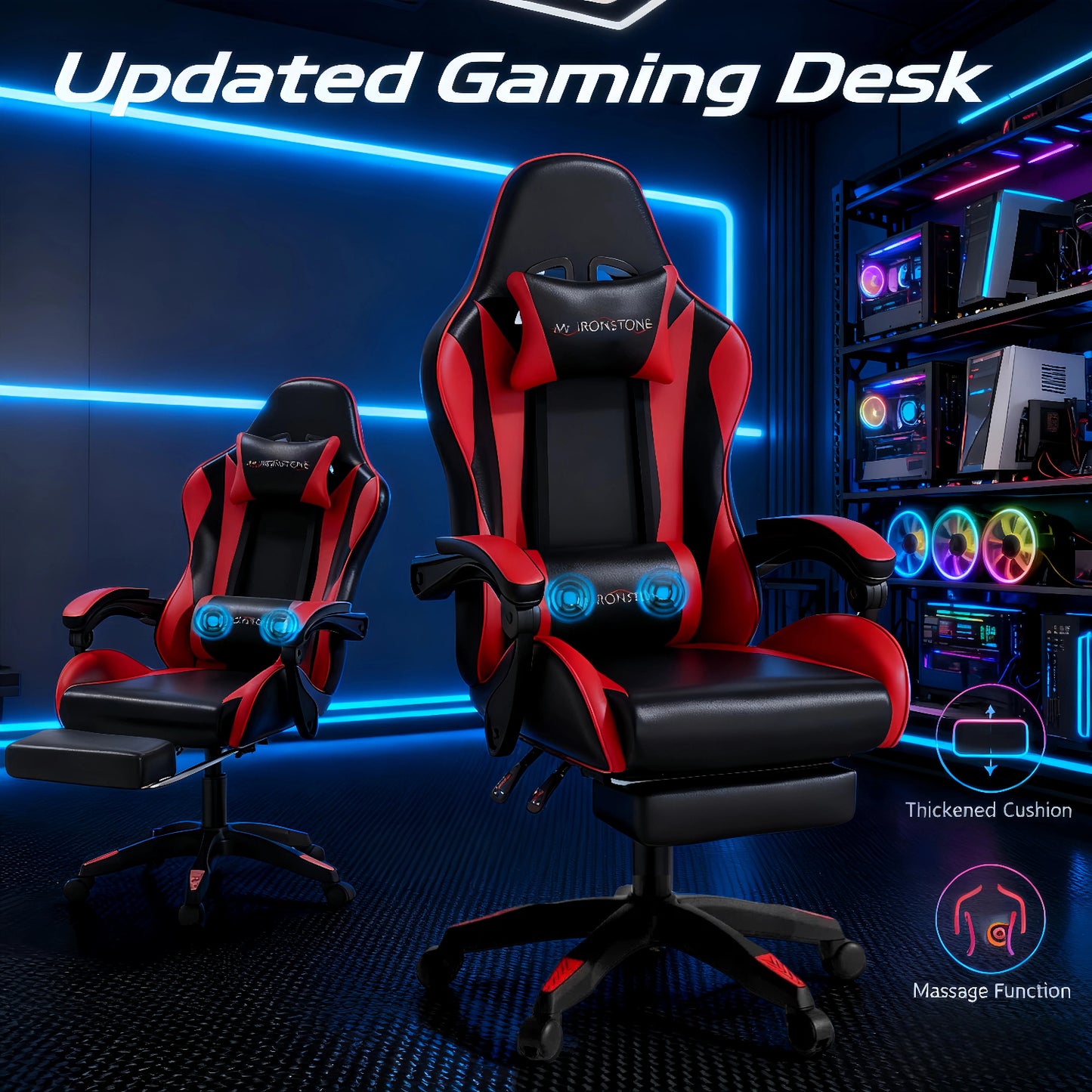 Mr IRONSTONE Gaming Chair with Speakers & LED Lights, Ergonomic Massage Office Chair with Footrest, 4D Armrests - Red