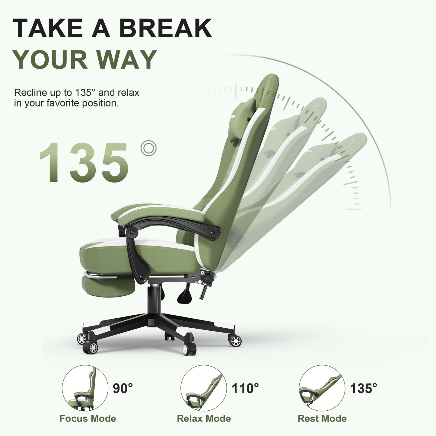 Mr IRONSTONE Fabric Gaming Chair with Massage, Breathable Ergonomic PC Desk Chair with Footrest and Quiet Casters, Green