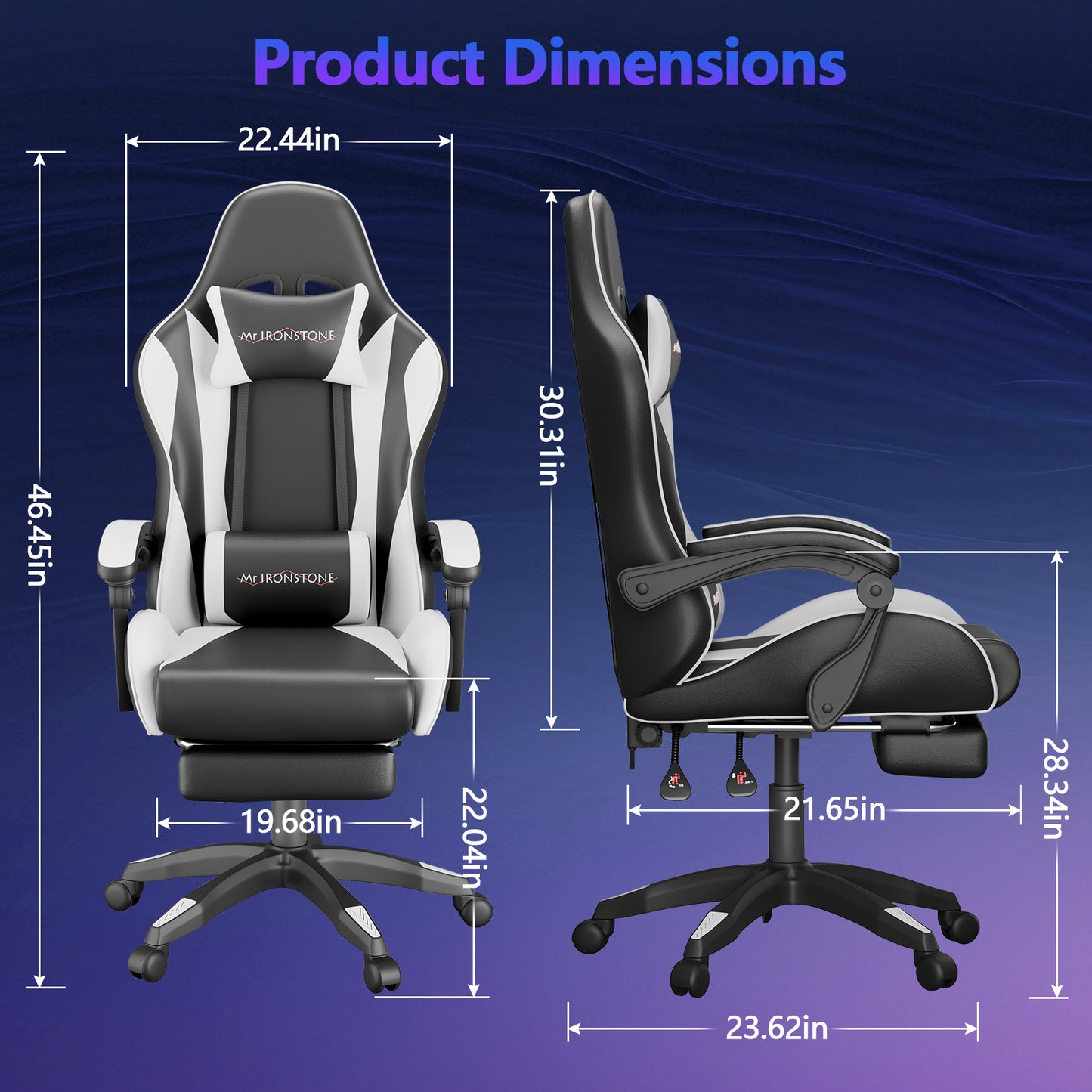 Mr IRONSTONE Gaming Chair with Speakers & LED Lights, Ergonomic Massage Office Chair with Footrest, 4D Armrests - Black