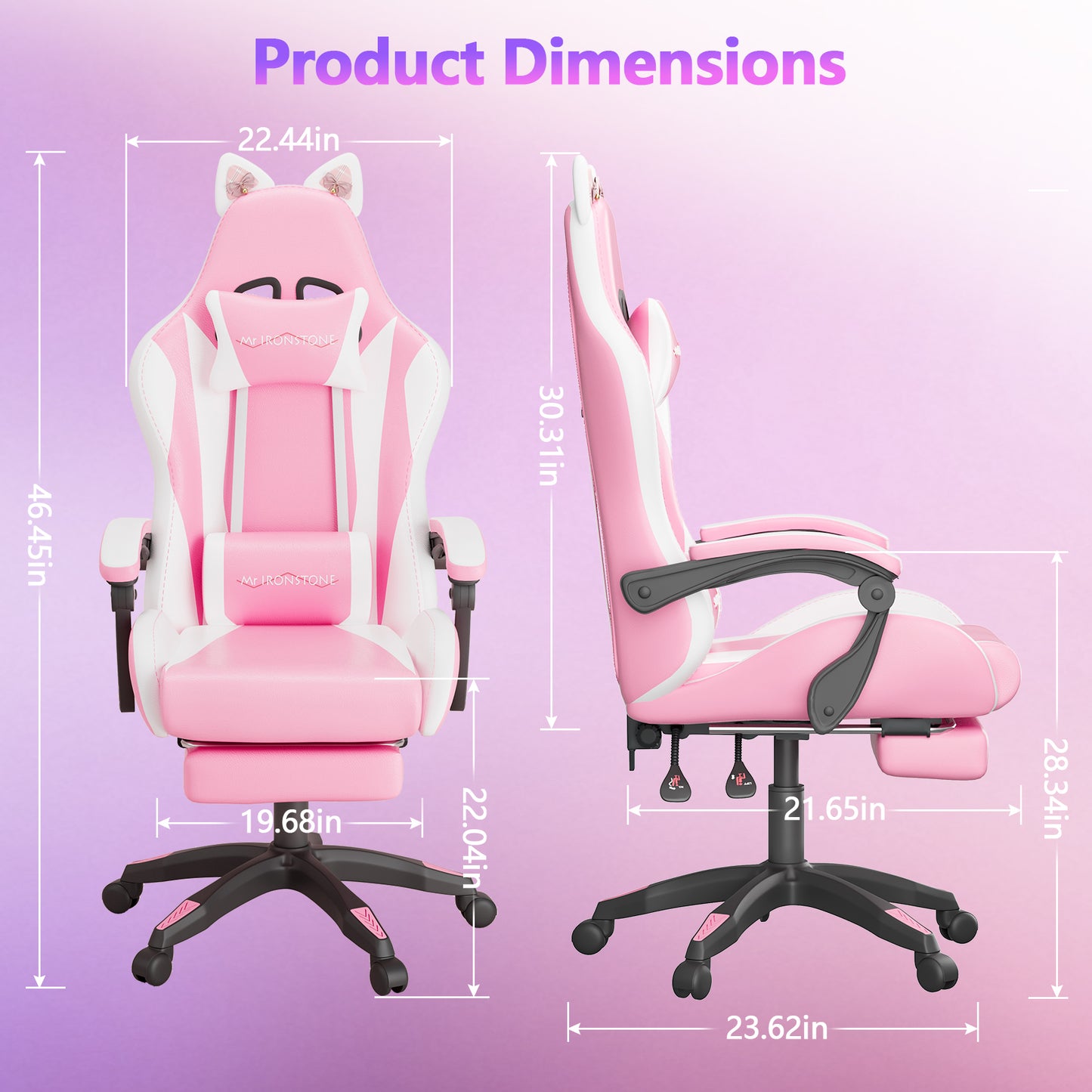 Mr IRONSTONE Gaming Chair with Speakers & LED Lights, Ergonomic Massage Office Chair with Footrest, 4D Armrests - Pink