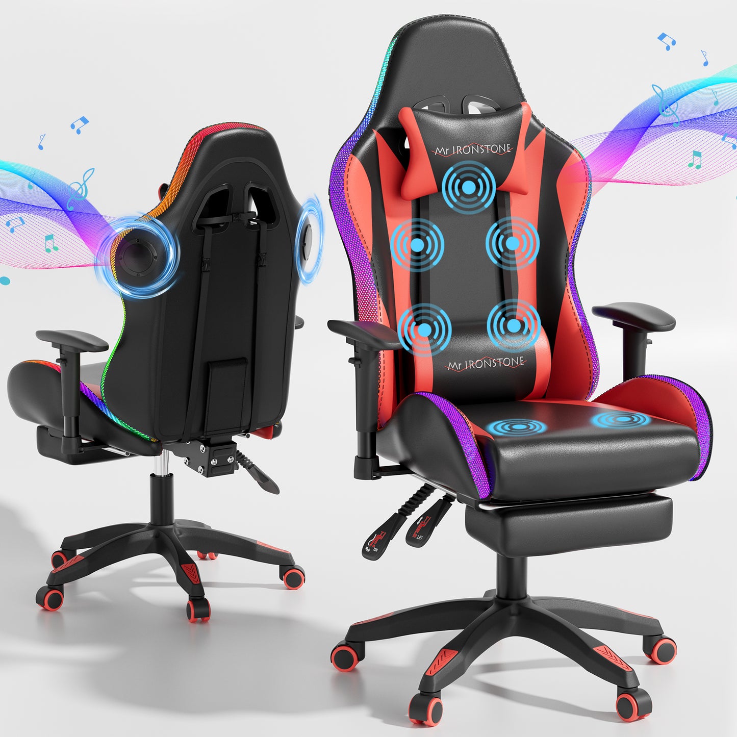 Mr IRONSTONE Gaming Chair for Adults, 7 Point Massage Computer Chair with Bluetooth Speakers RGB, Heavy Duty 300lbs Ergonomic PC Chair with 3D Armrests Footrest, Red/Black