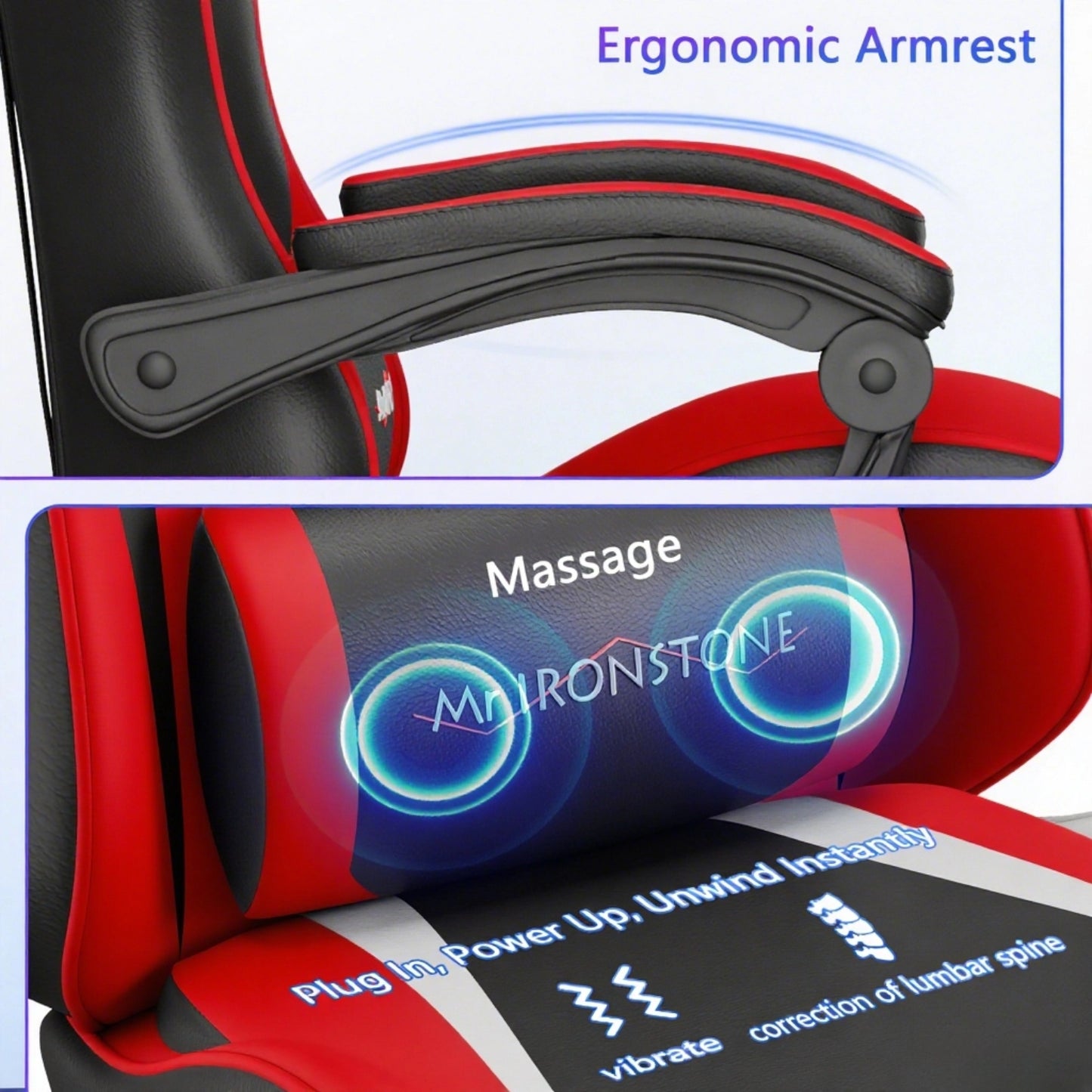 Mr IRONSTONE Gaming Chair with Speakers & LED Lights, Ergonomic Massage Office Chair with Footrest, 4D Armrests - Red
