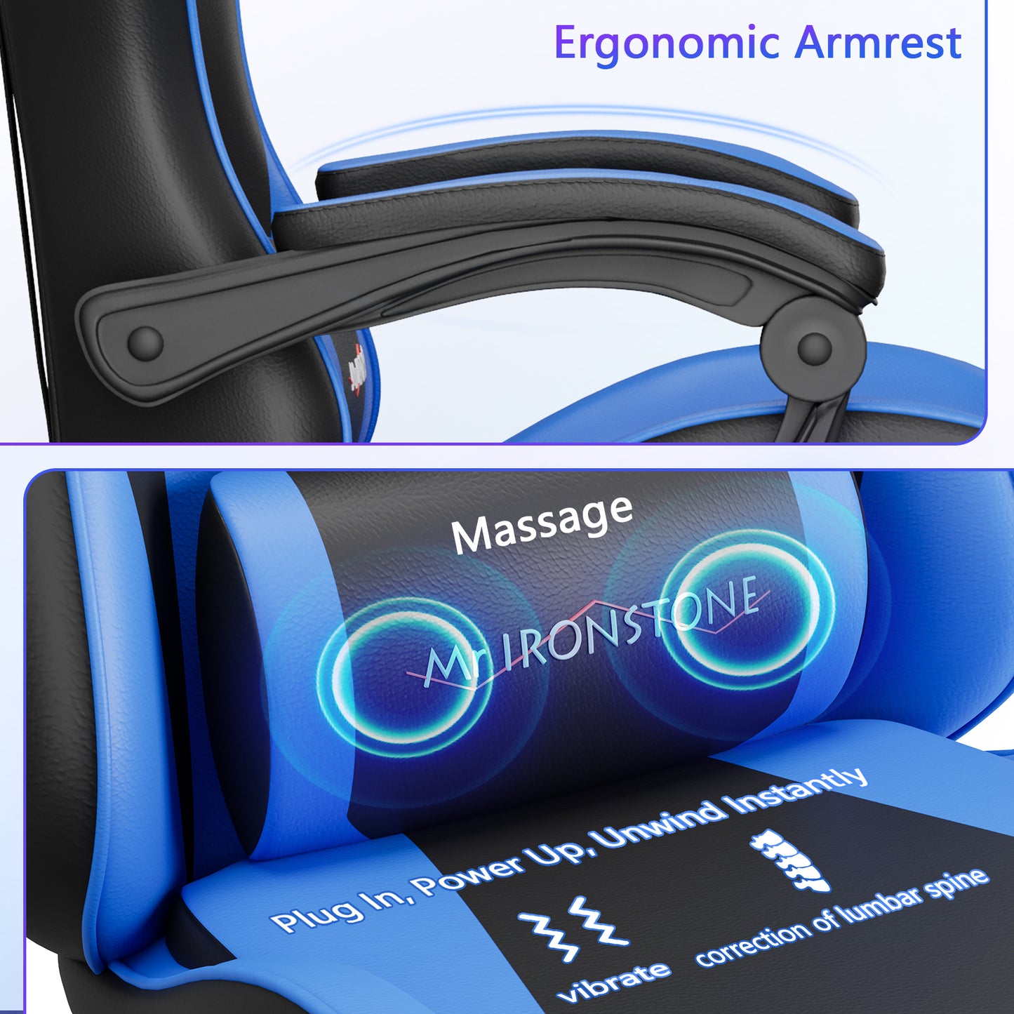 Mr IRONSTONE Gaming Chair with Speakers & LED Lights, Ergonomic Massage Office Chair with Footrest, 4D Armrests - Blue