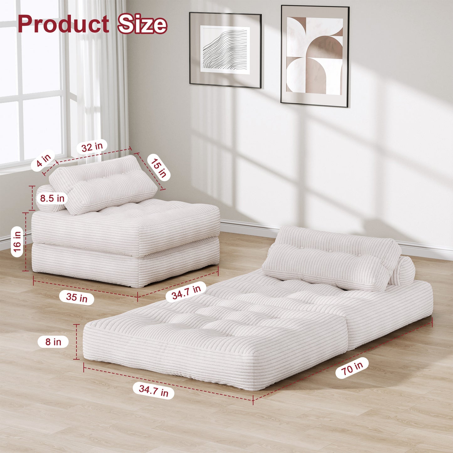 Mr IRONSTONE 3 in 1 Folding Sofa Bed, Convertible Sleeper Chair with Pillow, Corduroy Memory Foam Floor Sofa Lounge Chair for Living Room Dorm, White