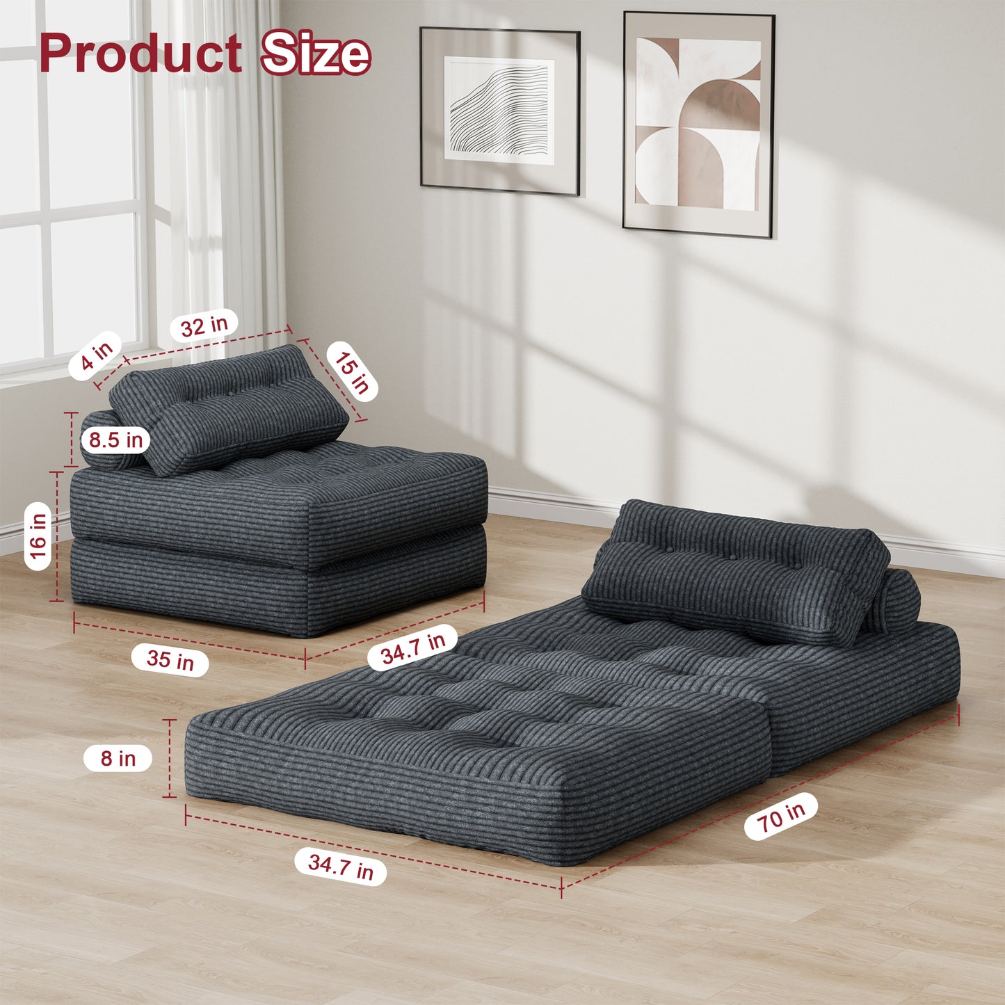Mr IRONSTONE 3 in 1 Folding Sofa Bed, Convertible Sleeper Chair with Pillow, Corduroy Memory Foam Floor Sofa Lounge Chair for Living Room Dorm, Grey