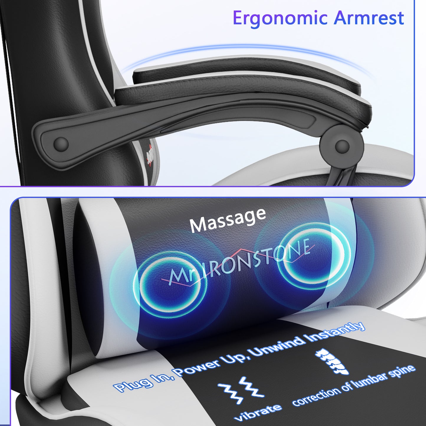 Mr IRONSTONE Gaming Chair with Speakers & LED Lights, Ergonomic Massage Office Chair with Footrest, 4D Armrests - Black