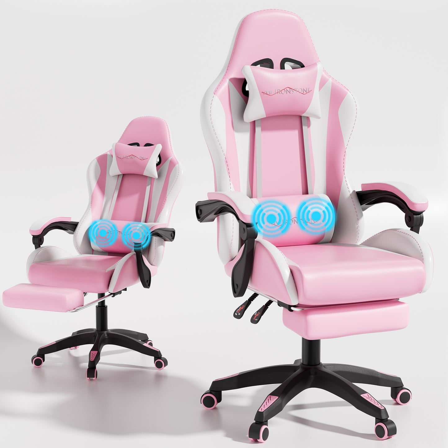 Mr IRONSTONE Ergonomic Gaming Chair with Massage Lumbar Support and Footrest, Heavy Duty 300LBS Computer Chair for Adults, Pink/White