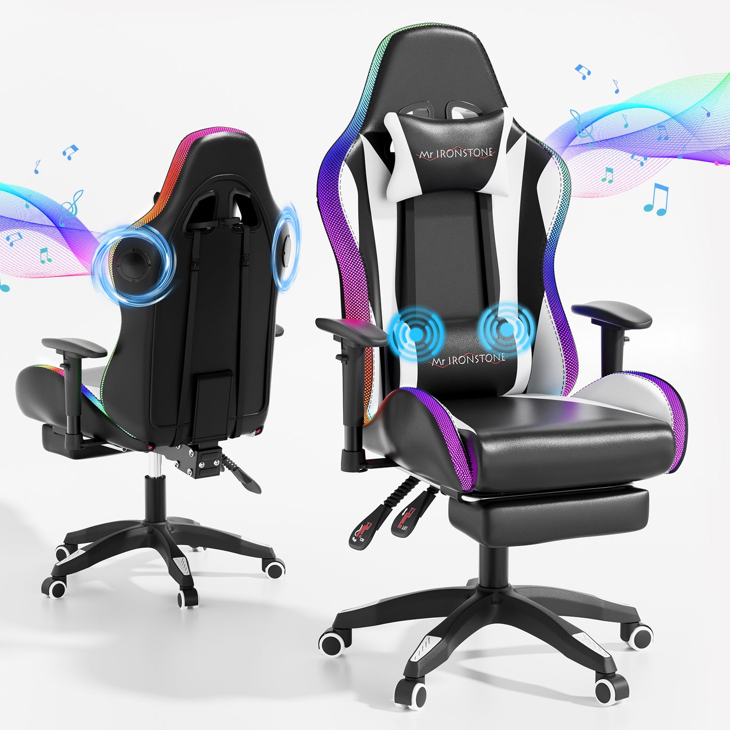 Mr IRONSTONE Gaming Chair with Bluetooth Speakers and RGB LED Lights, Ergonomic Massage Computer Chair with 3D Armrests and Footrest, Black/White