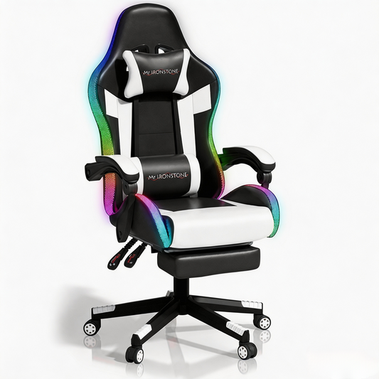 Mr IRONSTONE RGB Gaming Chair with Footrest, White and Black Ergonomic Computer Desk Chair with LED Lights and Linkage Armrests