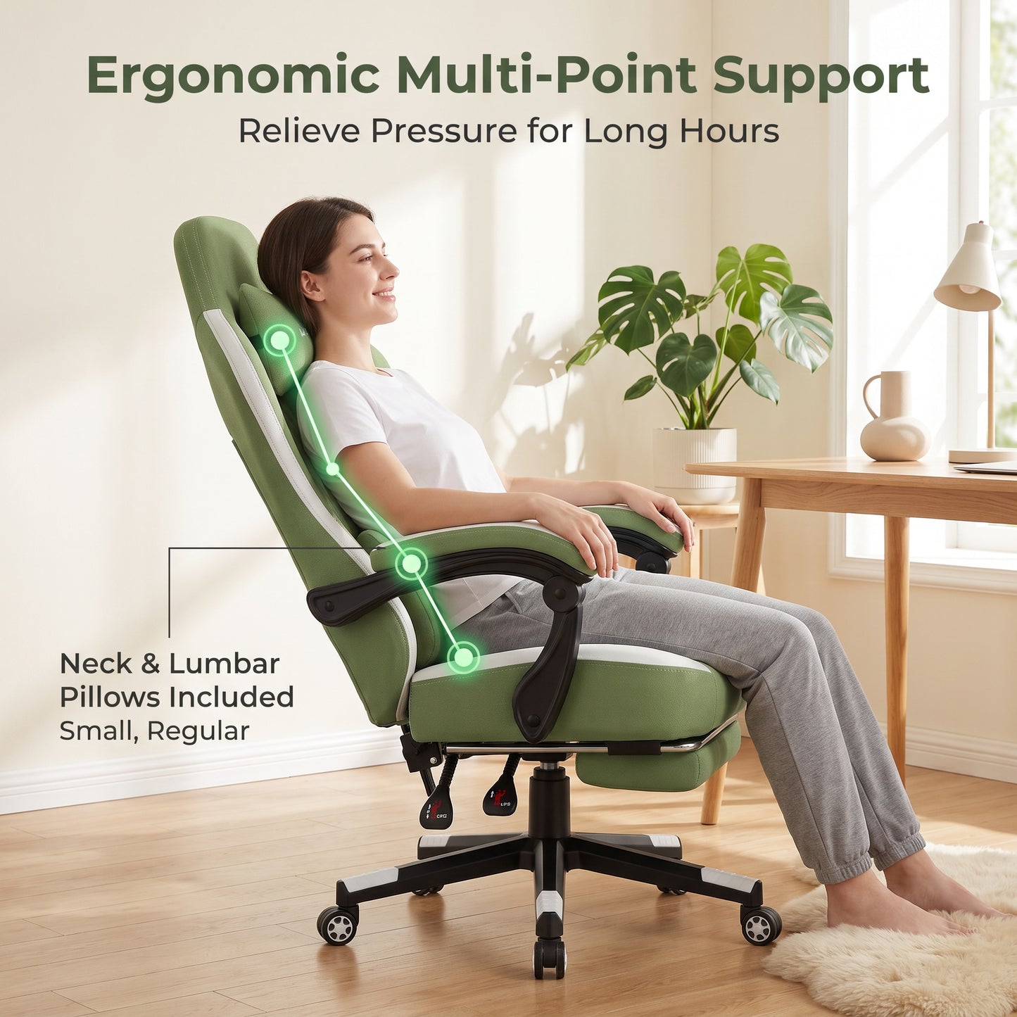 Mr IRONSTONE Heated and Ventilated Fabric Gaming Chair, High Back PC Desk Chair with Massage Lumbar Support and Deep Seat, Green