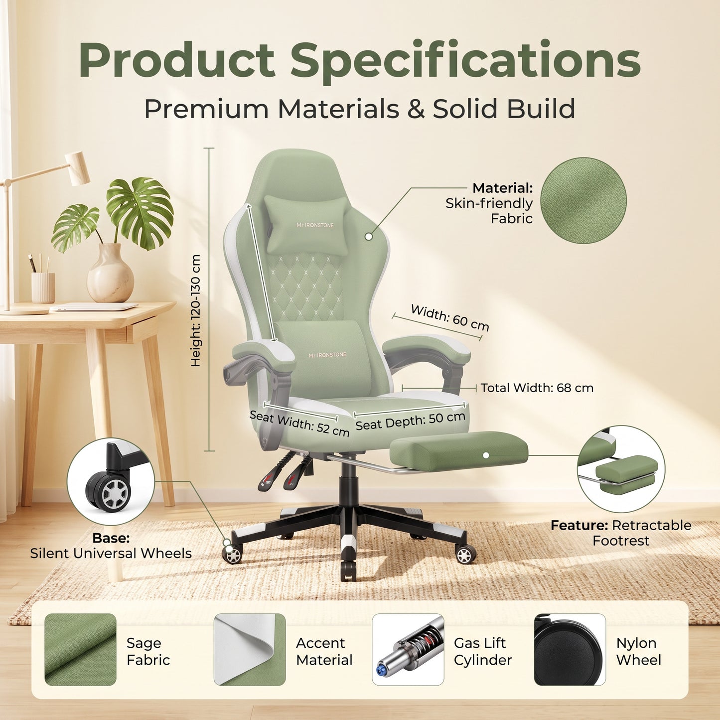 Mr IRONSTONE Heated and Ventilated Fabric Gaming Chair, High Back PC Desk Chair with Massage Lumbar Support and Deep Seat, Green