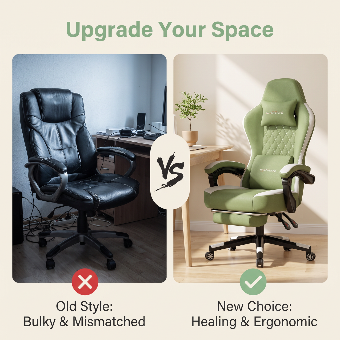 Mr IRONSTONE High Back Fabric Gaming Chair with Massage, Big & Tall Ergonomic PC Desk Chair with Extra Deep Seat and Footrest, Green