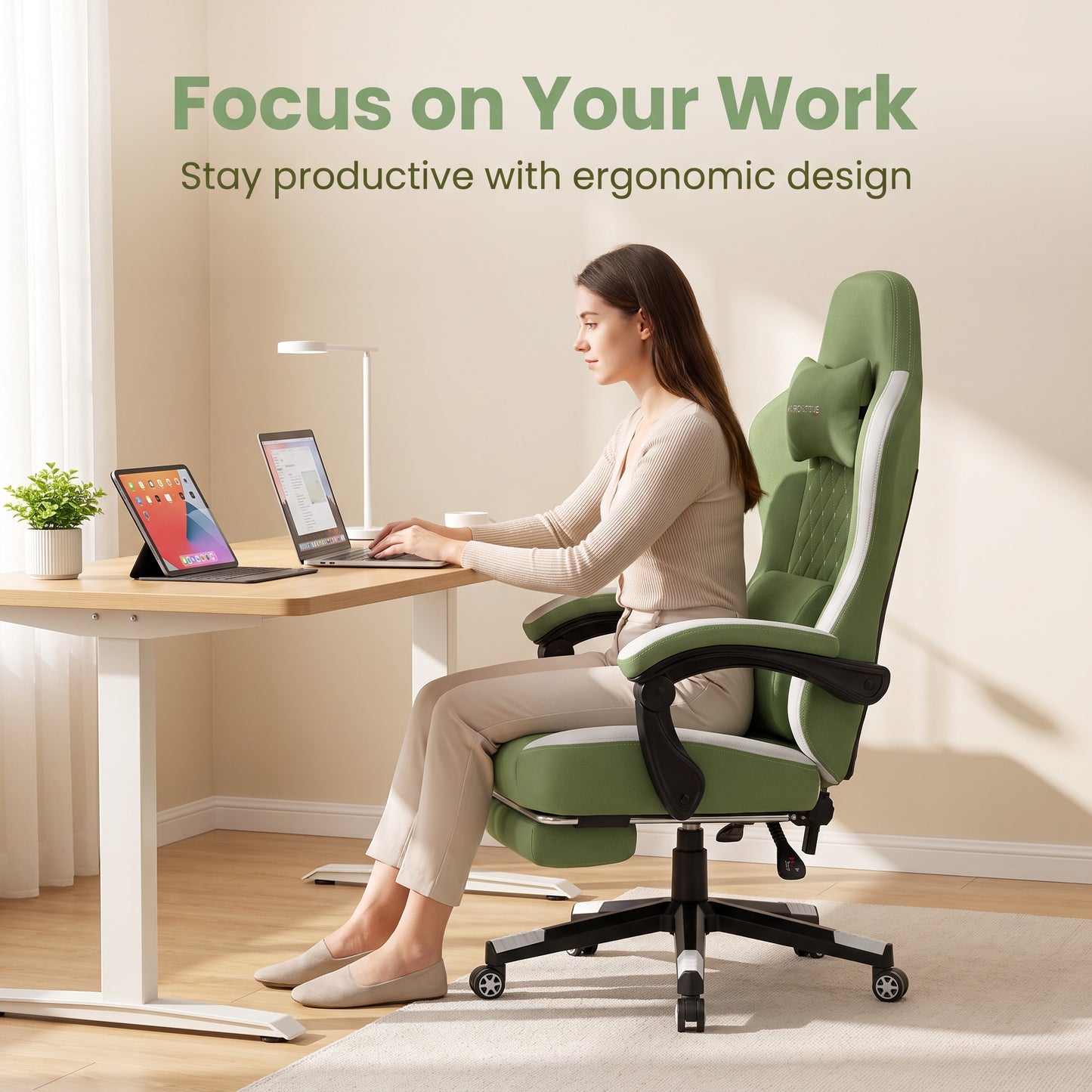 Mr IRONSTONE High Back Fabric Gaming Chair with Massage, Big & Tall Ergonomic PC Desk Chair with Extra Deep Seat and Footrest, Green