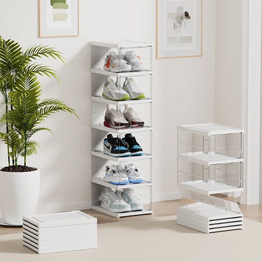 JOZ 6-Tier Foldable Shoe Organizer Box – Stackable Clear Shoe Storage Bins for Men & Women, Fits Size 12, No Assembly Required (Universal All-in-One Storage), 2025 New Release