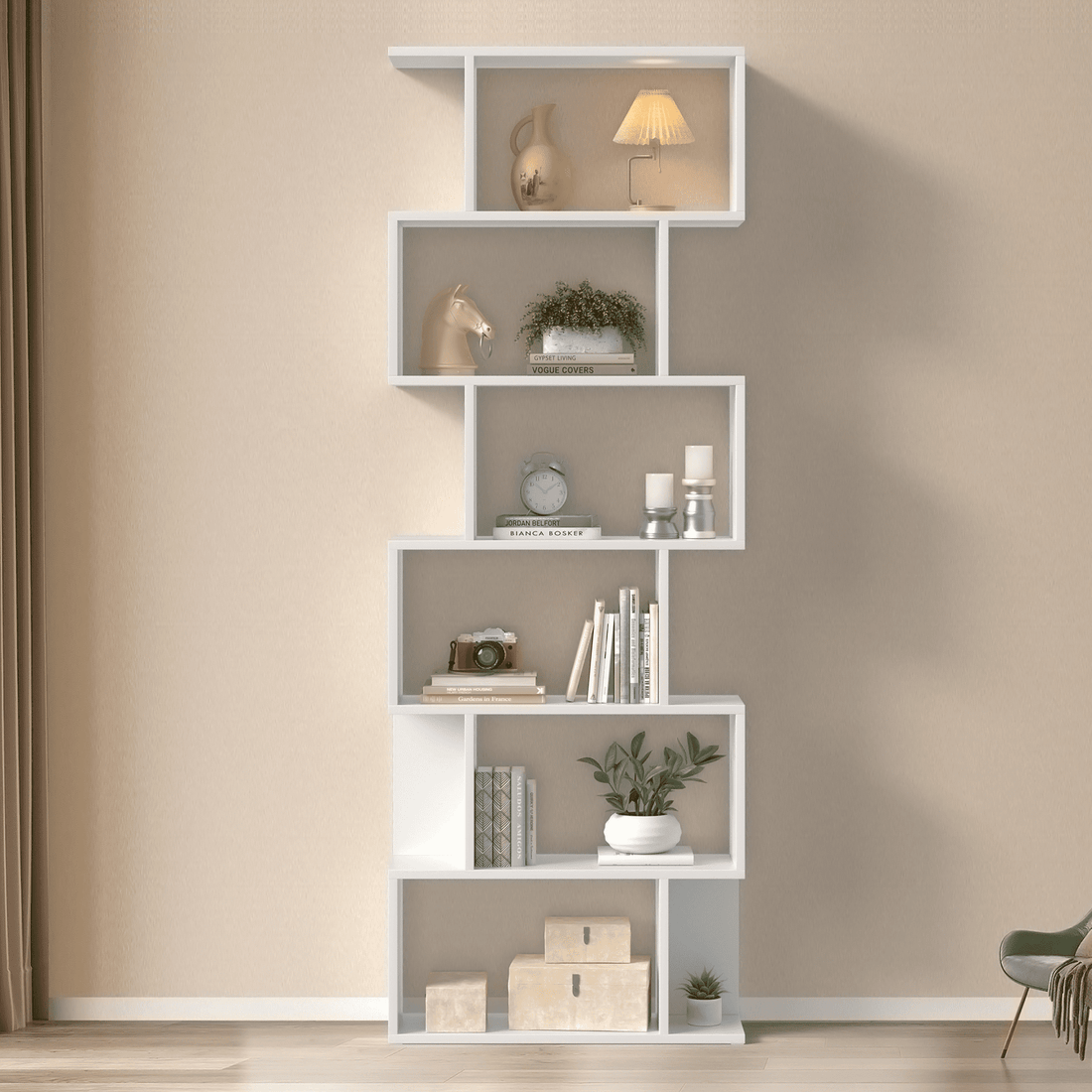 JOZ Geometric Bookcase Wooden Wood S Shape Storage Display Unit Bookca ...