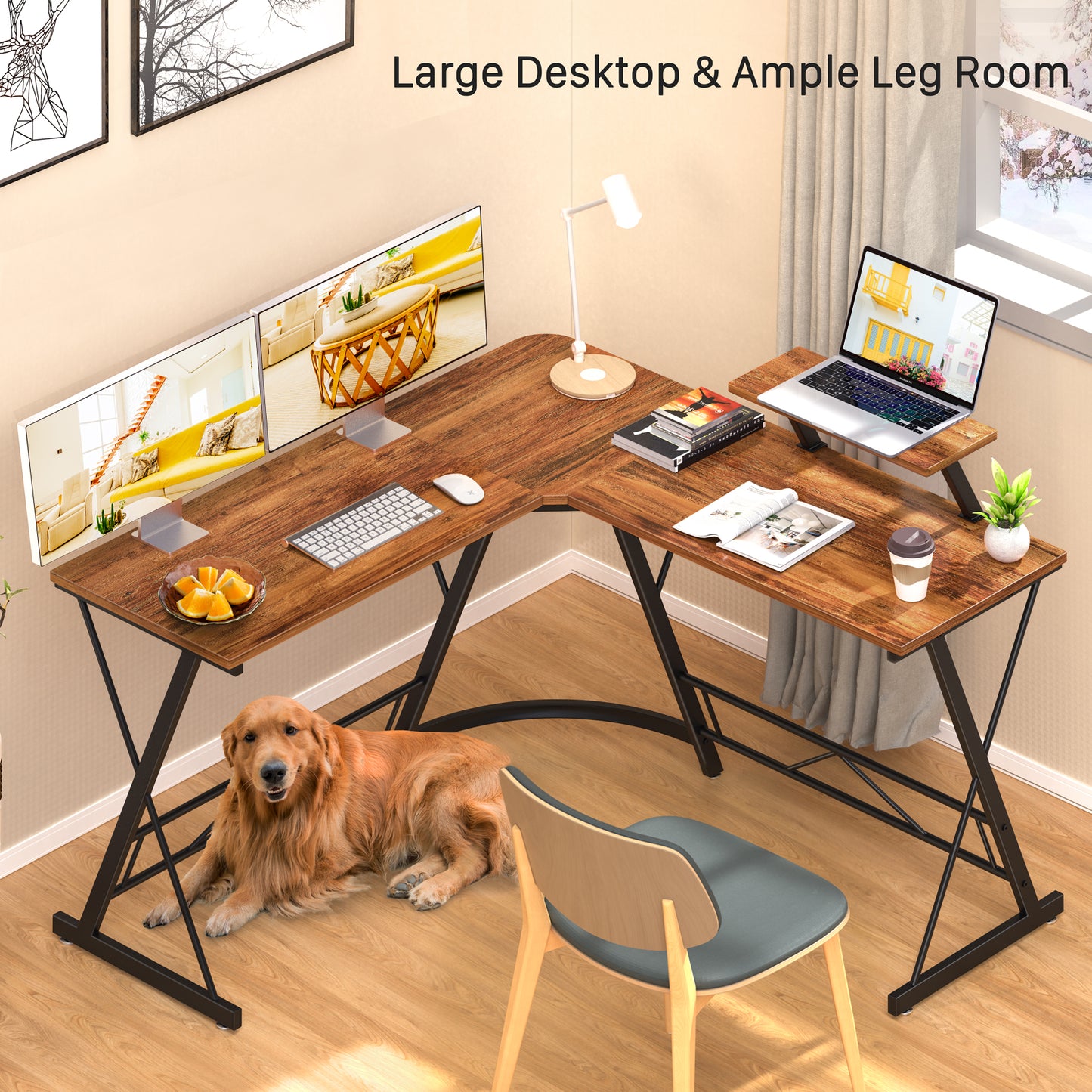 Mr IRONSTONE L-Shaped Desk 50.8" Computer Corner Desk, Home Gaming Desk, Office Writing Workstation with Large Monitor Stand, Space-Saving, Easy to Assemble, (Vintage)