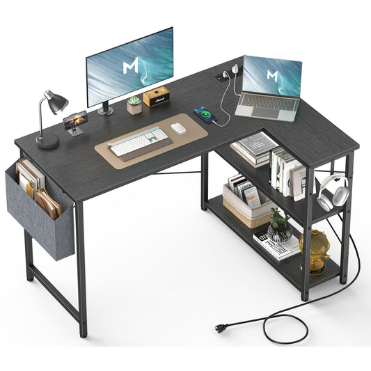 47 inch L-Shaped Desk with Outlets & USB Ports, Reversible Corner Desk for Small Spaces, Home Office Desk with Storage Bag & Hook, Black