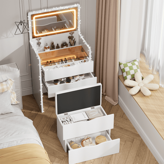 Mr IRONSTONE Vanity Desk with LED Mirror, Makeup Dressing Table with Storage Drawer and Stool, White