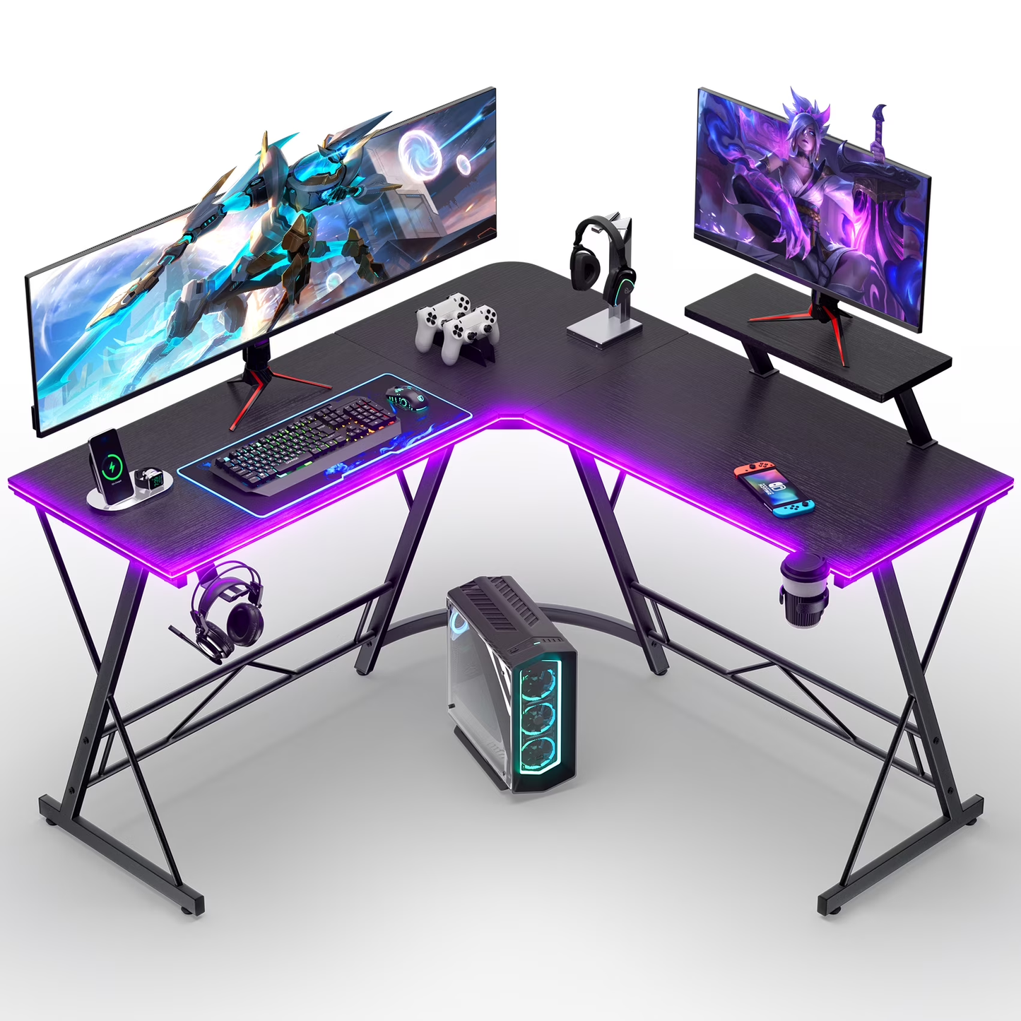 Mr IRONSTONE 51 inch L Shaped Gaming Desk with LED Lights, Corner Computer Desk for Home Office, Black Writing Workstation with Large Monitor Stand, Easy to Assemble